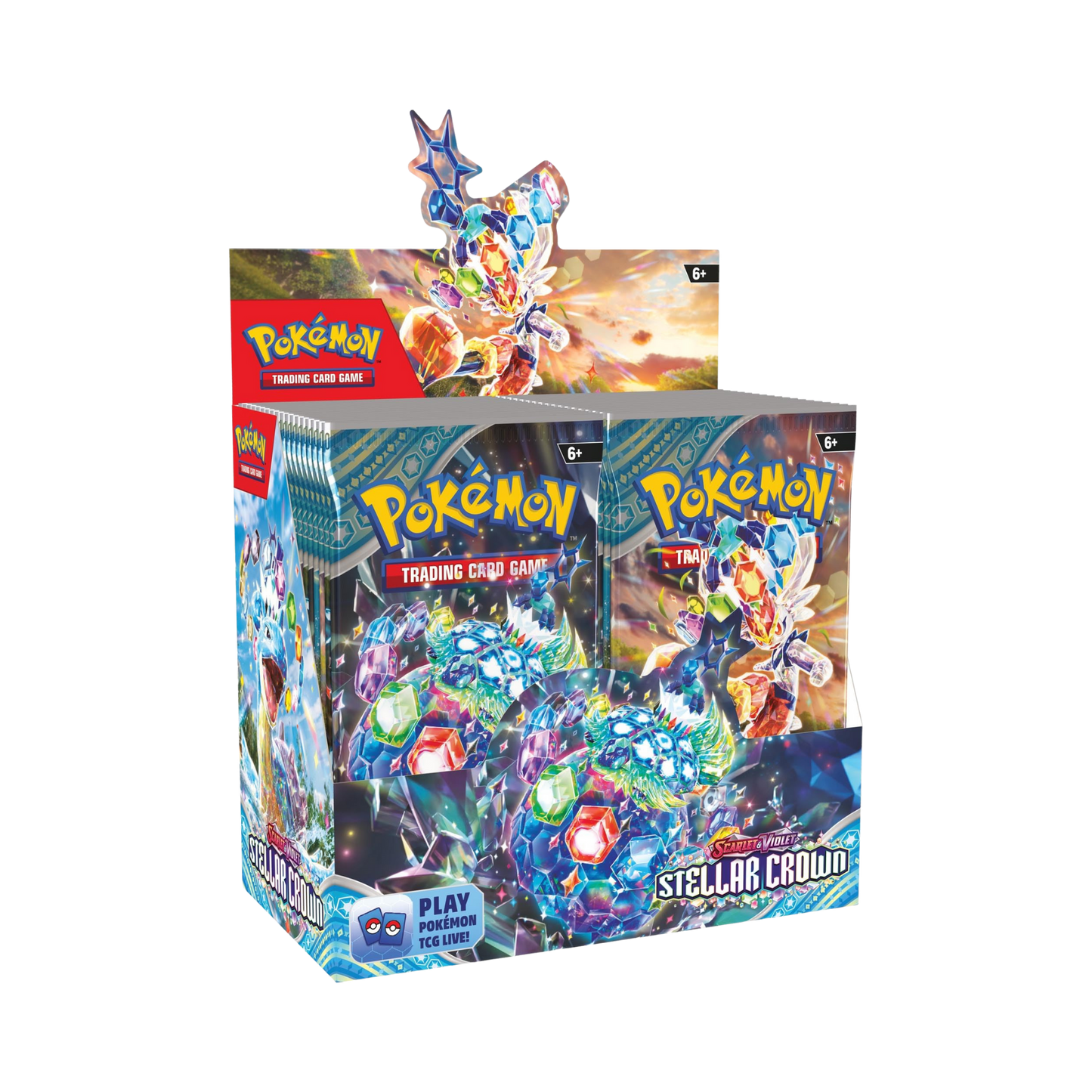 Pokémon trading card game pack with Stellar Crown figure on a white background