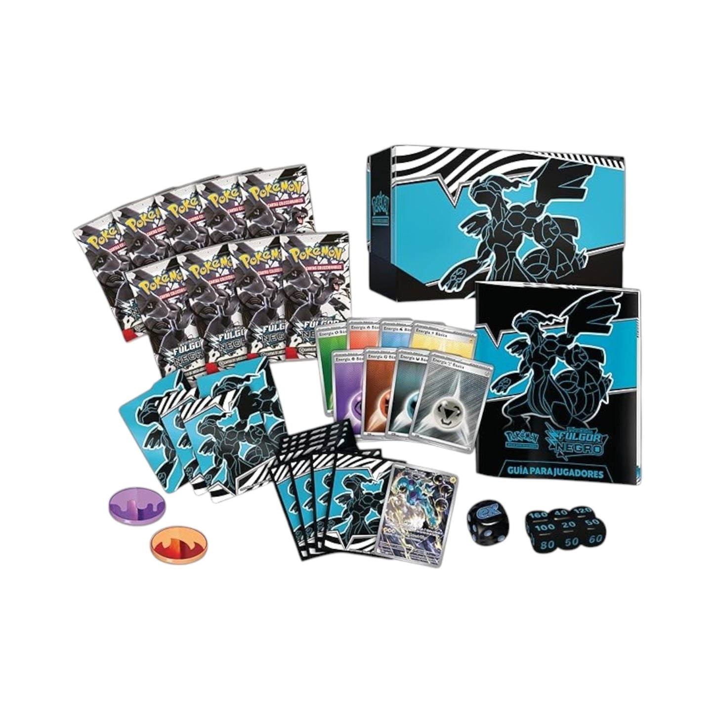 Collectors Pro Shop Caja Entrenador Élite Fulgor Negro Pokémon TCG en español. Incluye 9 sobres, carta promo, fundas, energías y accesorios de juego.