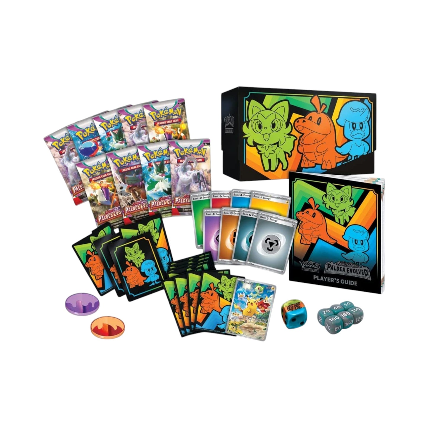 Collectors Pro Shop Paldea Evolved Elite Trainer Box con 9 sobres, carta promo, fundas, energía y accesorios de juego.