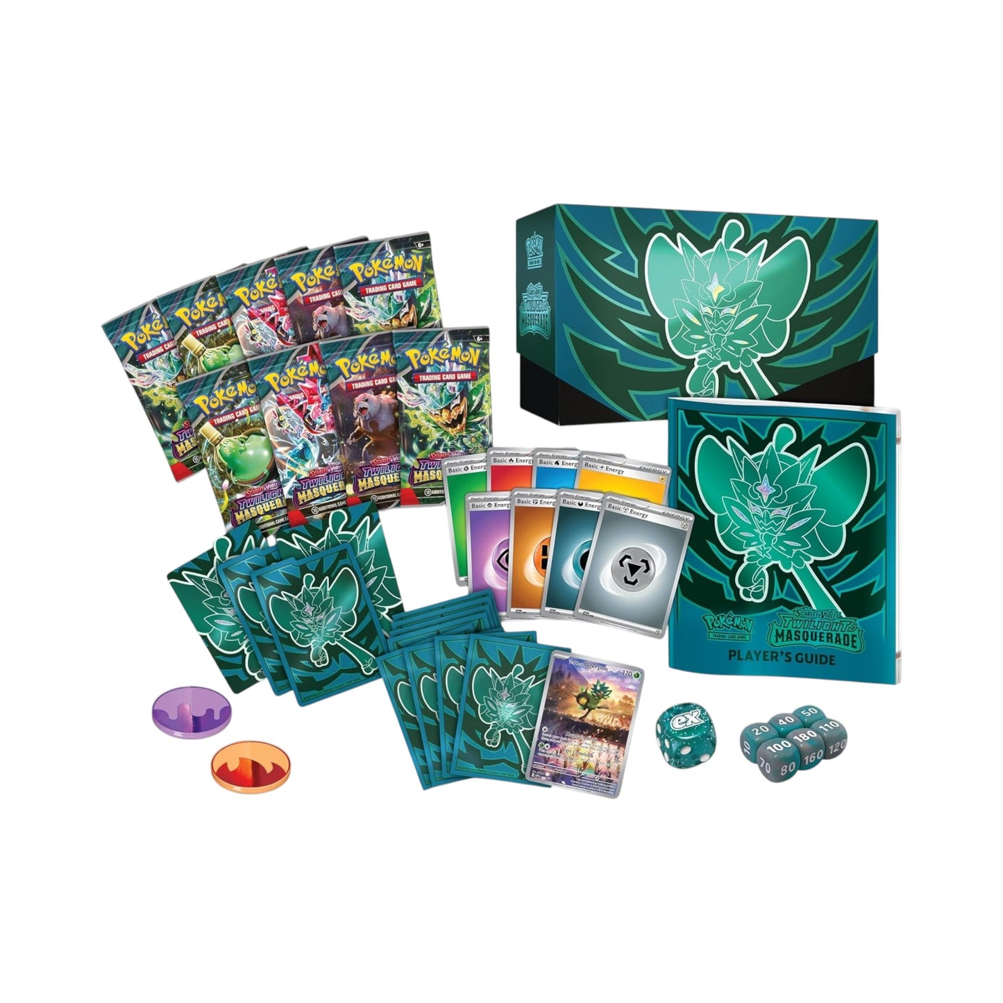Collectors Pro Shop Caja de Entrenador Élite Pokémon TCG: Twilight Masquerade en inglés. Incluye sobres, cartas promo, fundas, energía y accesorios de juego.