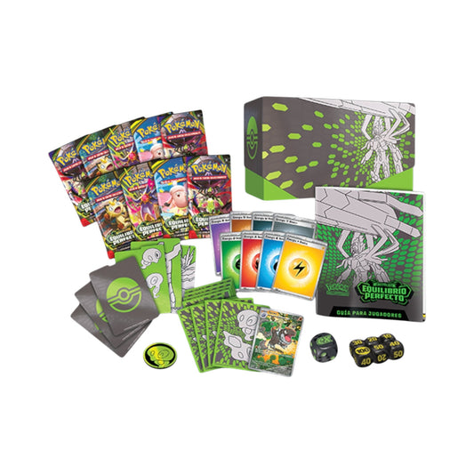 Collectors Pro Shop Caja Entrenador Élite Pokémon TCG Equilibrio Perfecto en español, con sobres, cartas de energía, fundas y accesorios de juego.