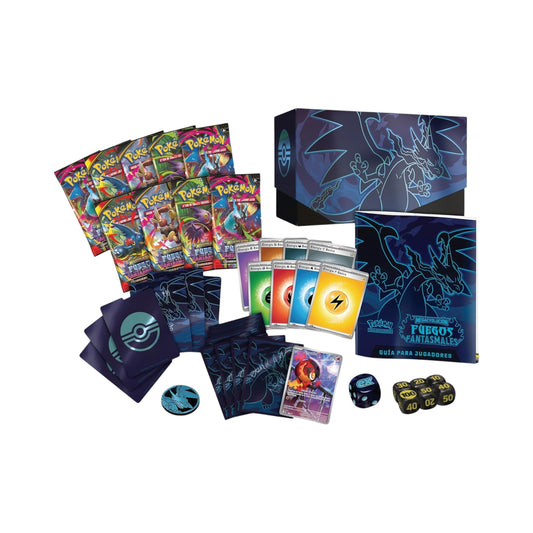 Collectors Pro Shop Caja Entrenador Élite de Pokémon TCG Fuegos Fantasmales en español, con 9 sobres, carta promo, fundas, energía y accesorios.