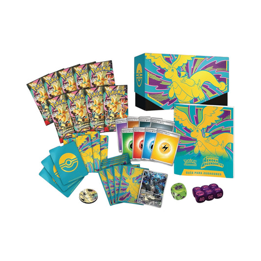 Collectors Pro Shop Caja de Entrenador Élite de Pokémon Heroes Ascendentes en español, con 9 sobres, carta promo, fundas, energías y accesorios de juego.
