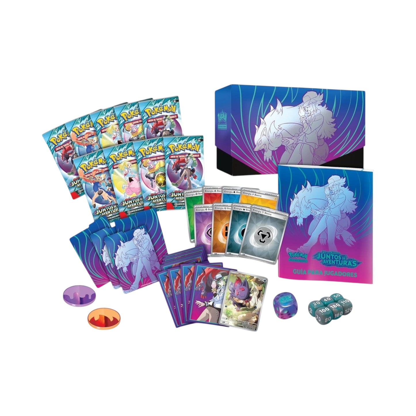 Collectors Pro Shop Caja de Entrenador Élite Juntos de Aventuras de Pokémon TCG en español, con sobres, cartas promo, fundas, energía y accesorios de juego.