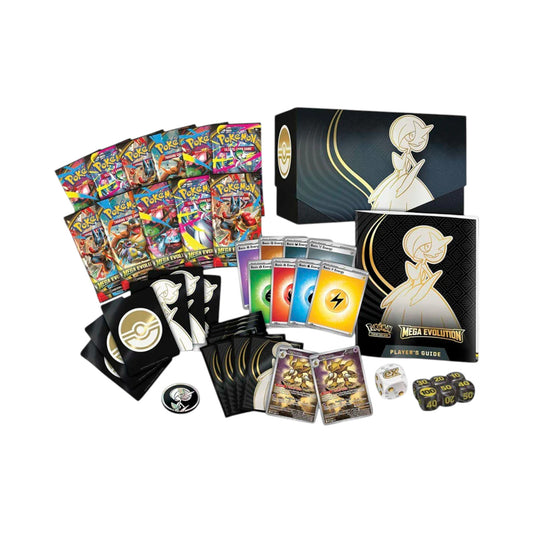 Caja de Entrenador Élite Pokémon TCG Mega Evolution de Collectors Pro Shop con sobres, cartas de energía, fundas y accesorios.