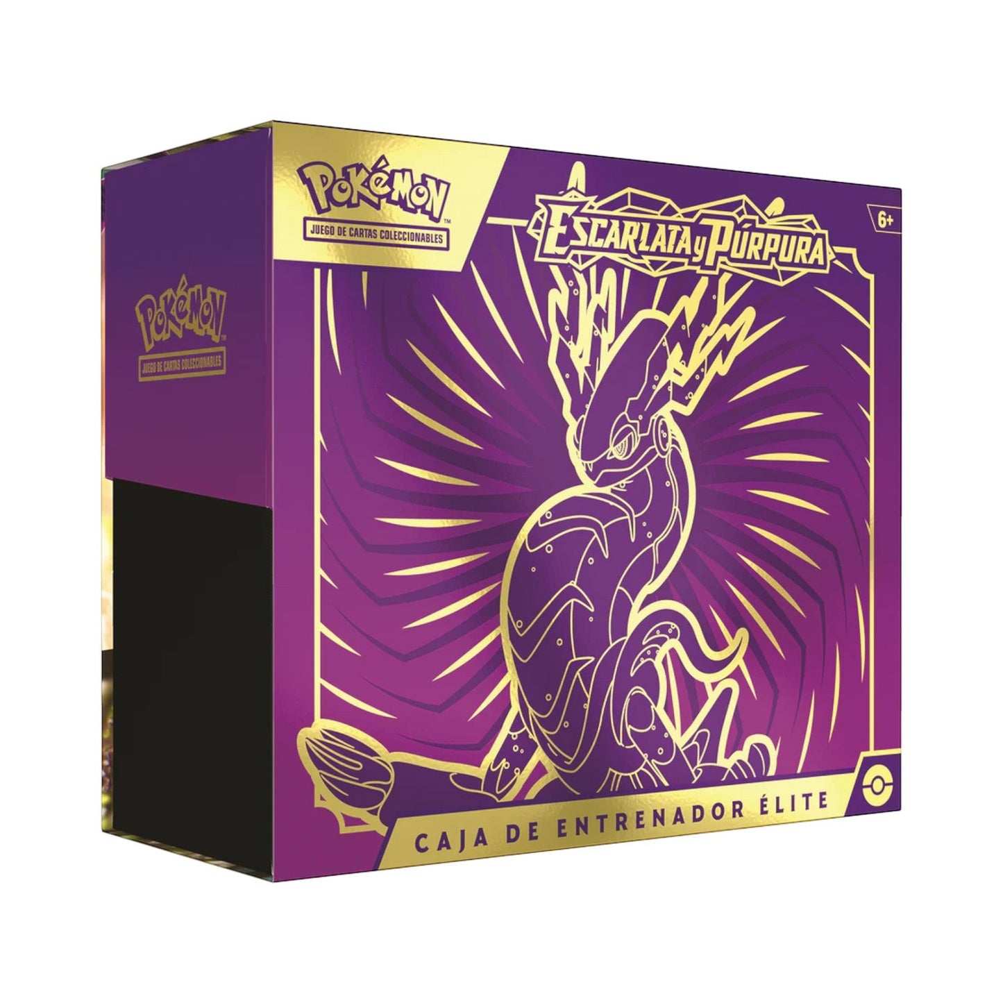 Collectors Pro Shop Caja de Entrenador Élite de Pokémon TCG Escarlata y Púrpura, caja morada con diseño dorado de Koraidon.