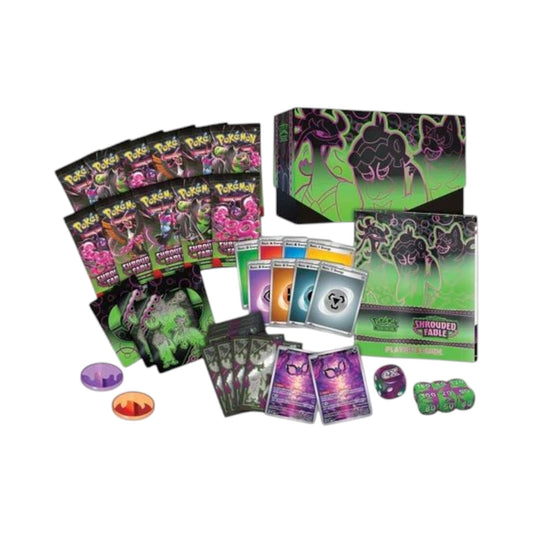 Collectors Pro Shop Caja de Entrenador Élite Shrouded Fable de Pokémon TCG en inglés, con 9 sobres, cartas promo, fundas, energía y accesorios de juego.
