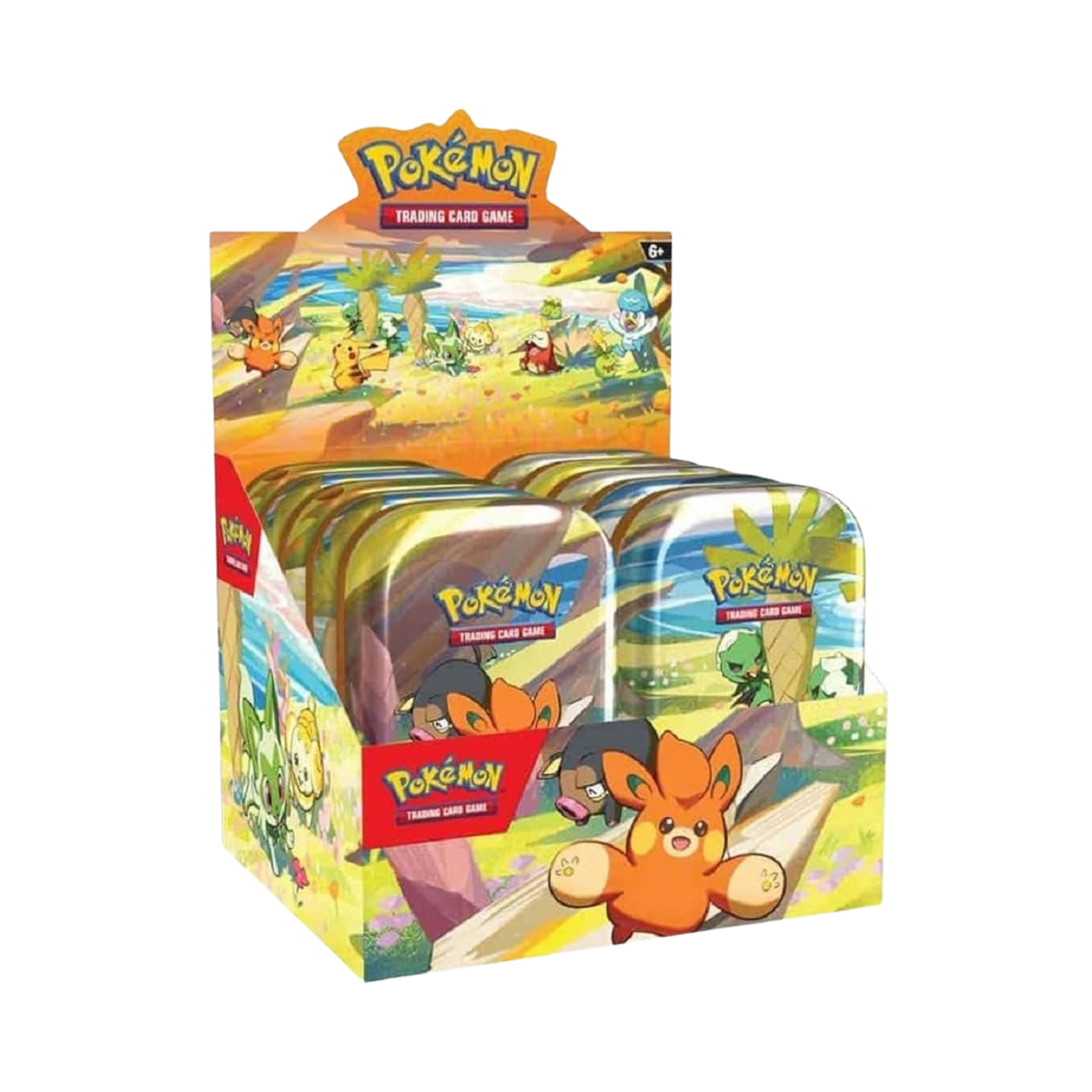 Pokémon trading card game packaging with cartoon characters on a white background