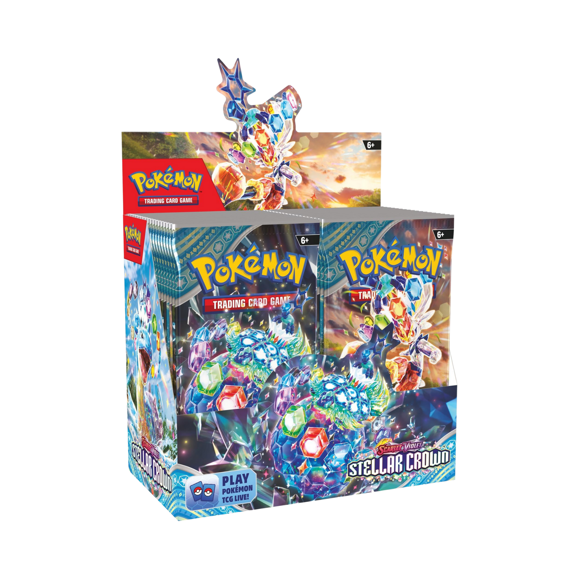 Pokémon trading card game pack with Stellar Crown figure on a white background