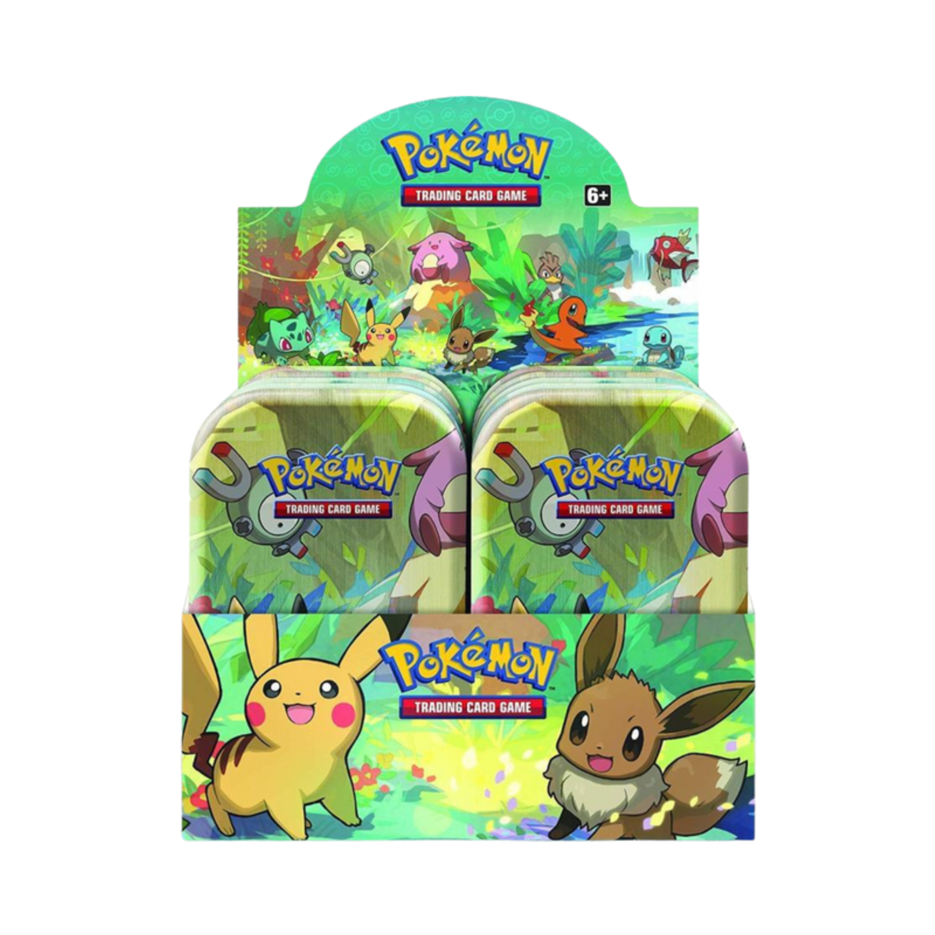 Pokémon trading card game packaging with cartoon characters on a white background