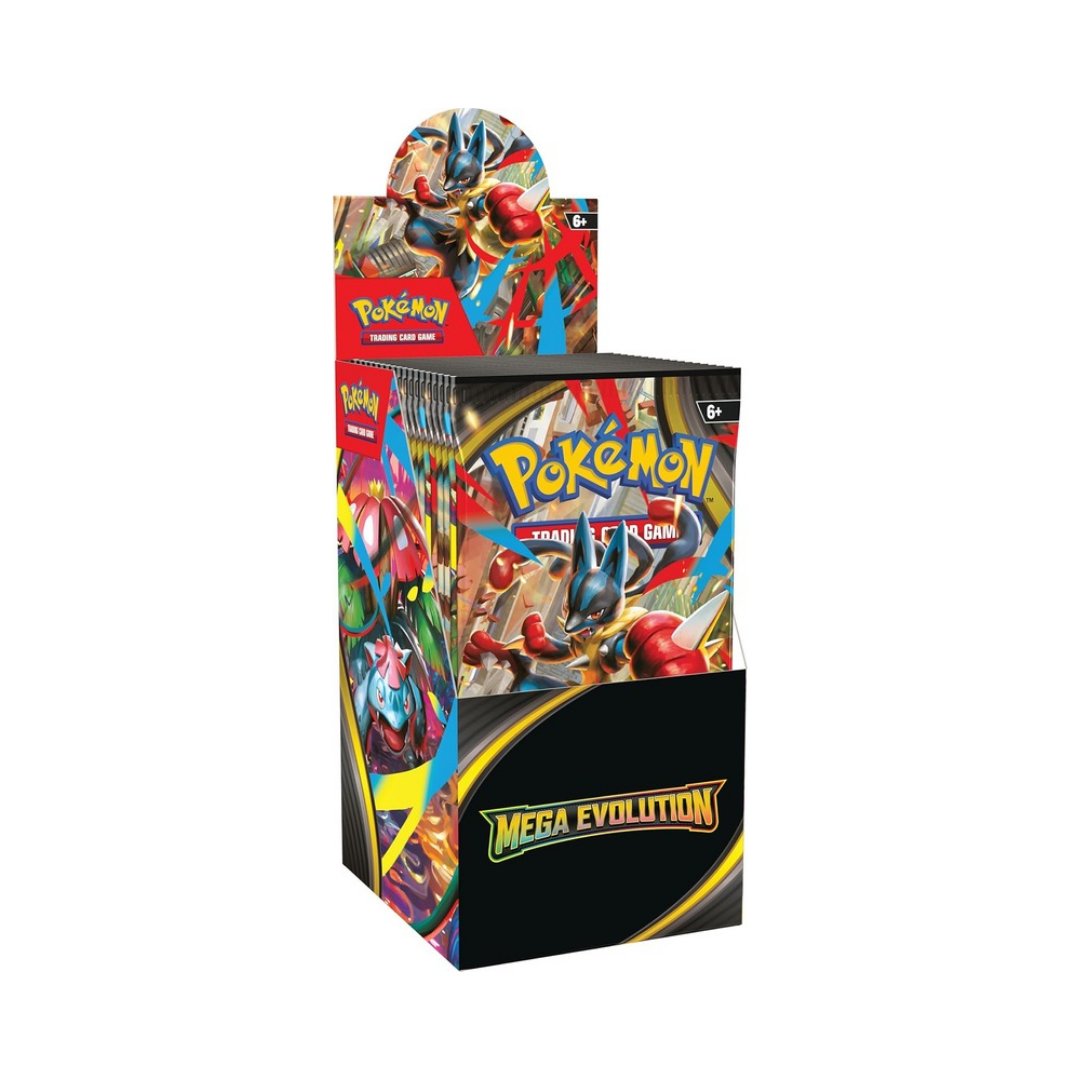 Pokémon trading card game packaging with Mega Evolution theme on a white background