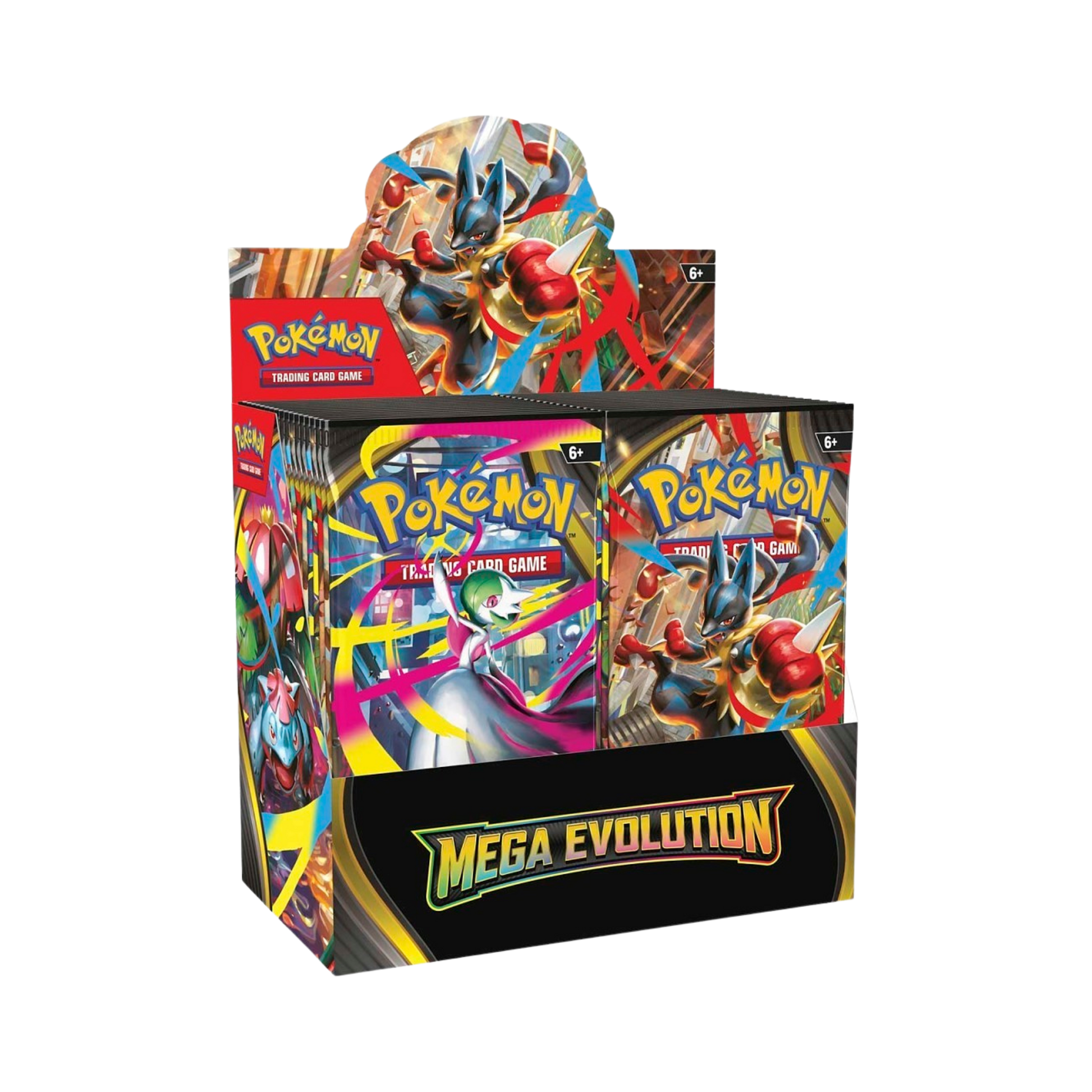 Pokémon trading card game packs with Mega Evolution theme on a white background