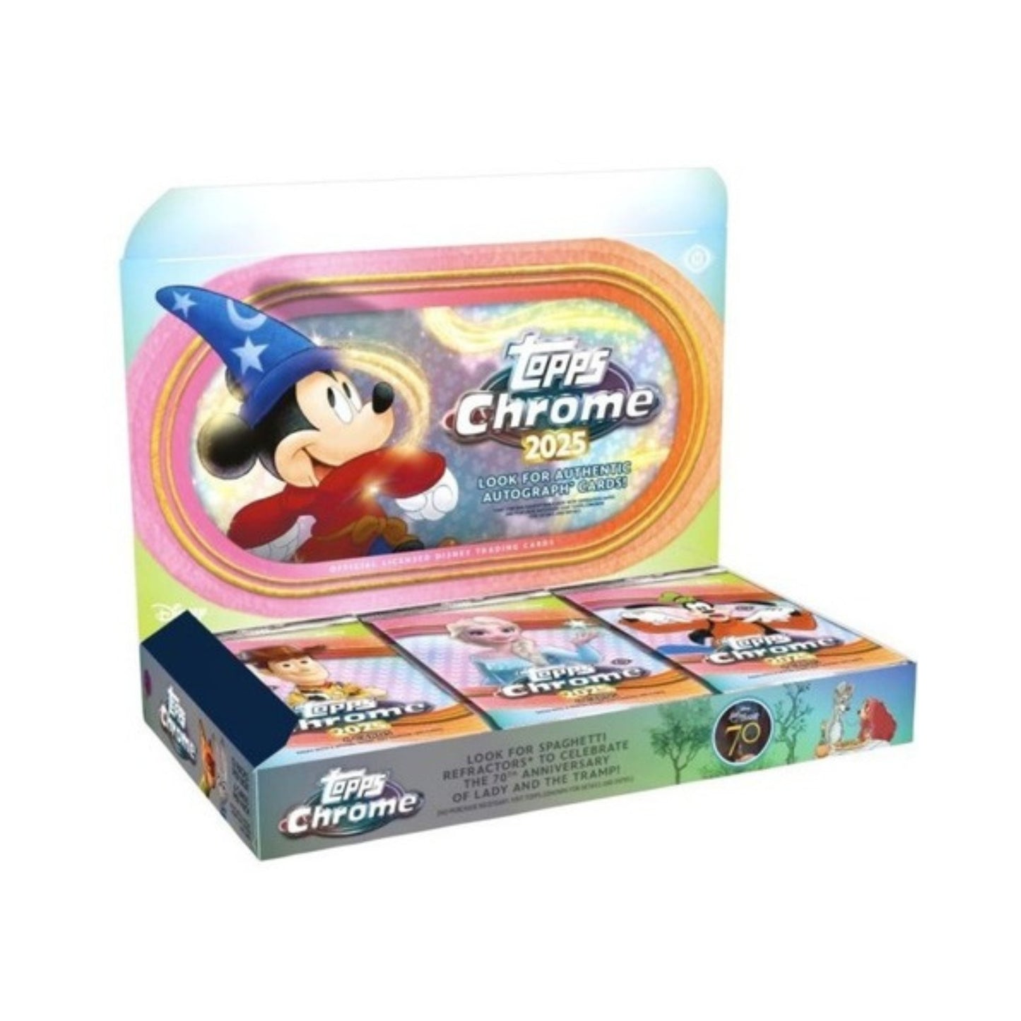 Topps Chrome 2025 trading card pack with Mickey Mouse on a white background