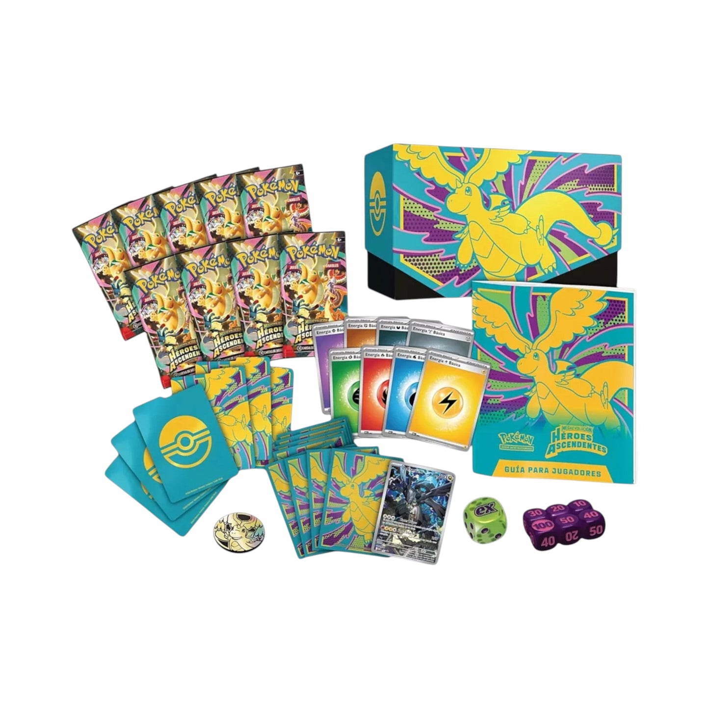 Collectors Pro Shop Caja de Entrenador Élite Ascended Heroes Pokémon TCG en inglés, con 9 sobres, carta promo, fundas, energía y accesorios de juego.