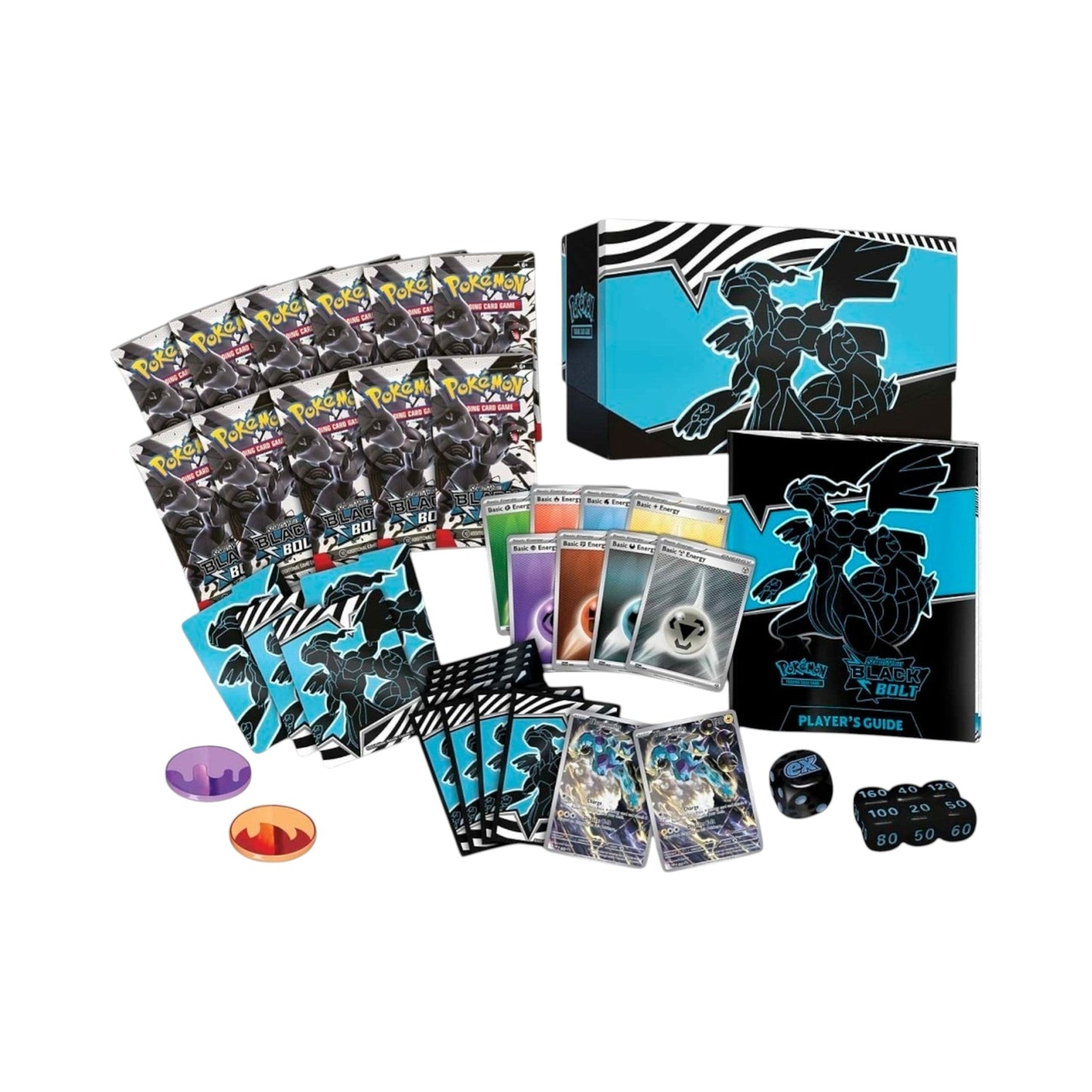Collectors Pro Shop Black Bolt Elite Trainer Box con 11 sobres, fundas, cartas de energía, dados y guía del jugador.