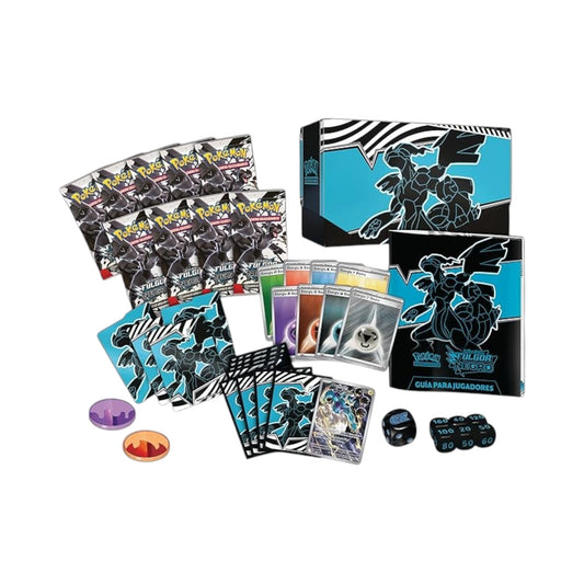 Collectors Pro Shop Caja Entrenador Élite Fulgor Negro Pokémon TCG en español. Incluye 9 sobres, carta promo, fundas, energías y accesorios de juego.