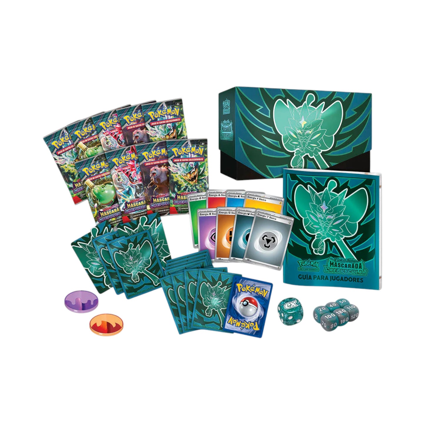 Collectors Pro Shop Mascarada Crepuscular Elite Trainer Box en español, con sobres, cartas promo, fundas, energía y accesorios de juego.