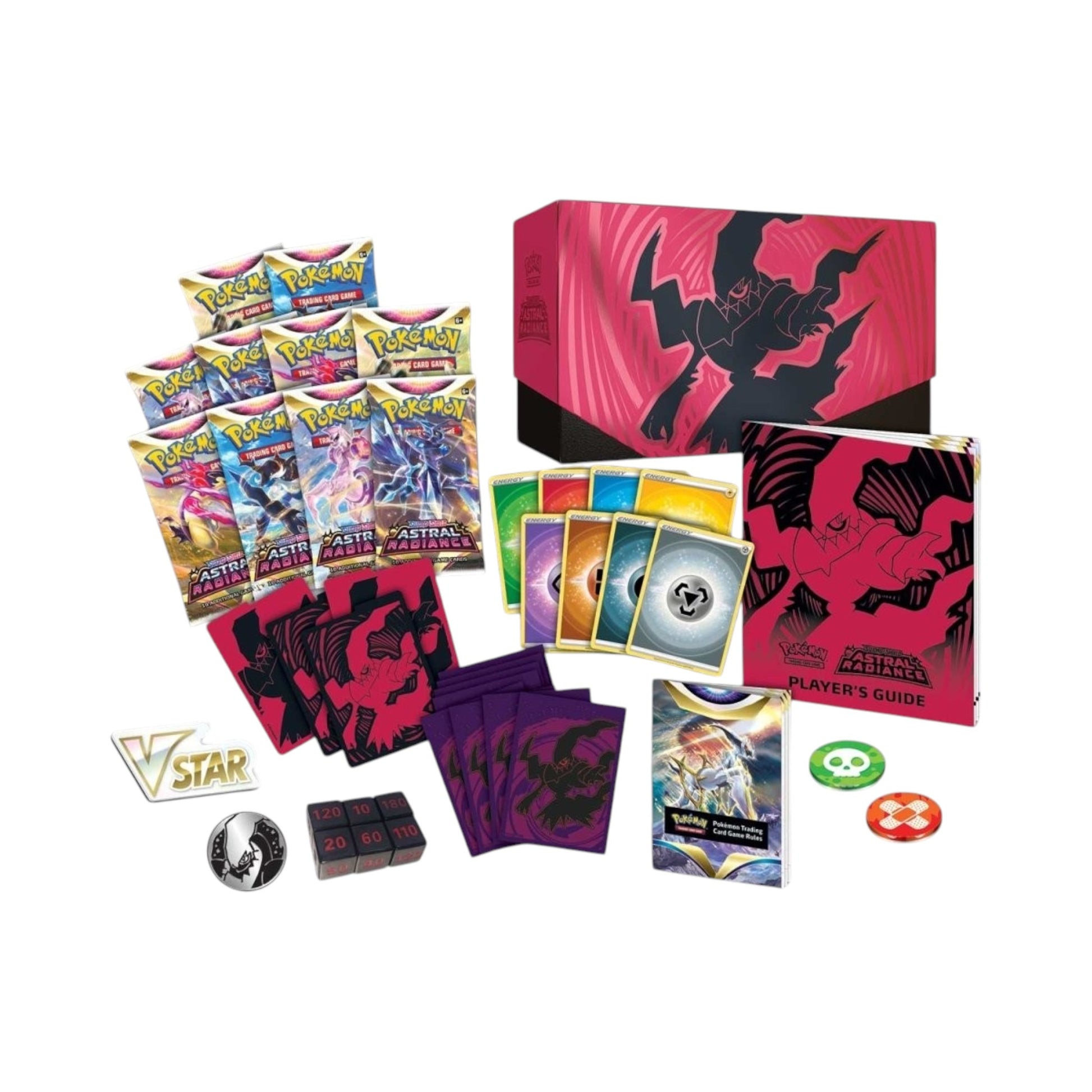 Collectors Pro Shop Caja de Entrenador Élite de Pokémon TCG Astral Radiance en inglés, con sobres, fundas, cartas de energía y accesorios de juego.