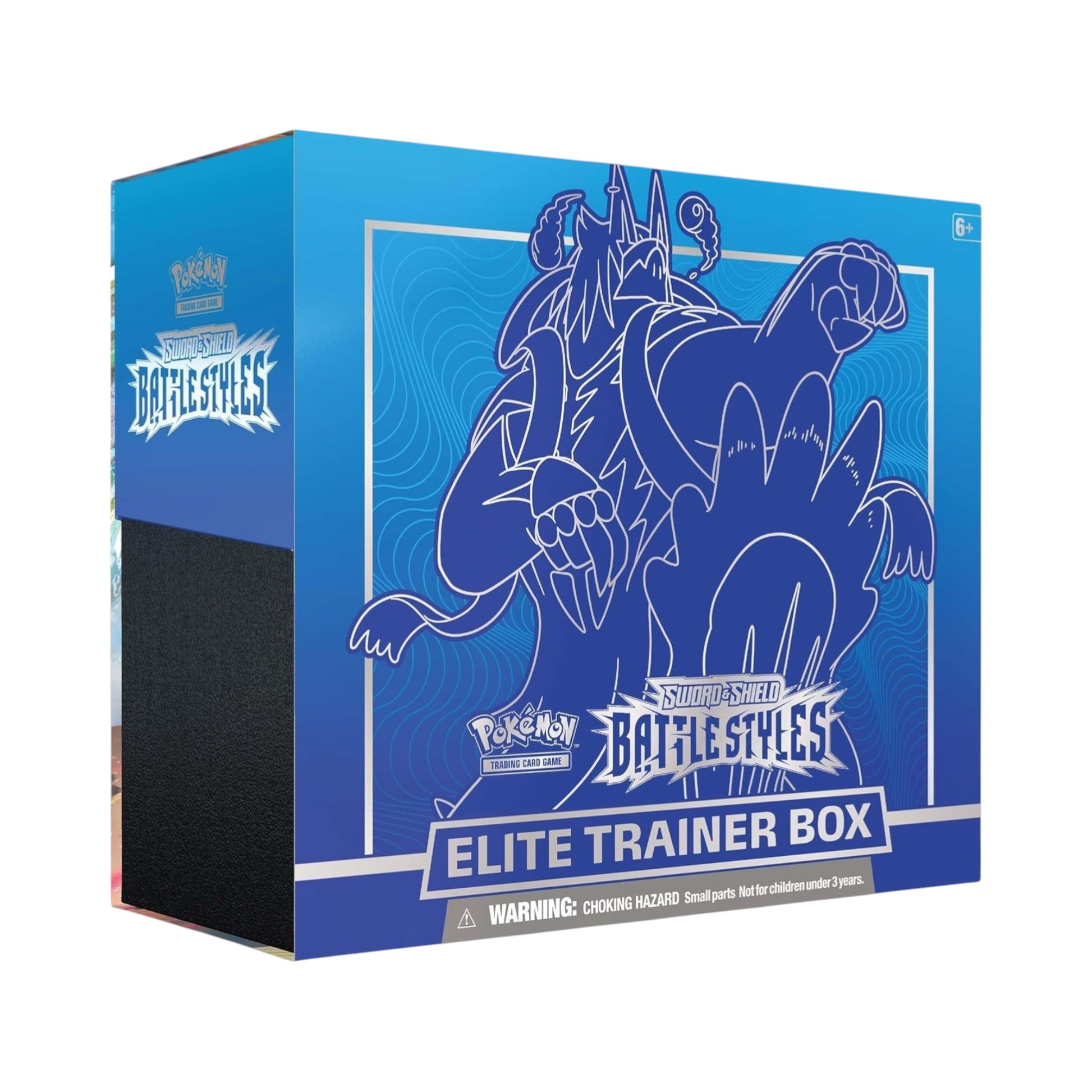 Collectors Pro Shop Caja Elite Trainer Box de Pokémon TCG, set Battle Styles, Sword & Shield, en inglés. Caja azul con arte de Pokémon.