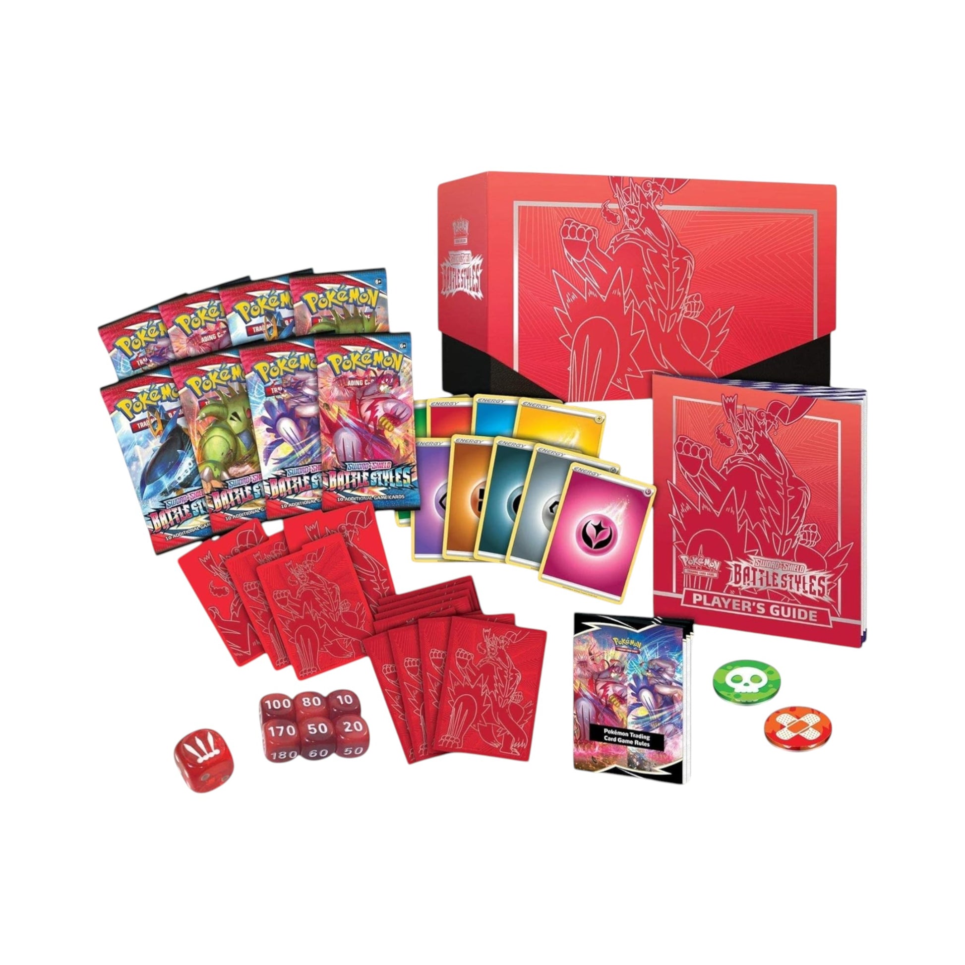Collectors Pro Shop Caja de Entrenador Élite de Pokémon TCG Battle Styles en inglés, con sobres, fundas, cartas de energía y accesorios de juego.
