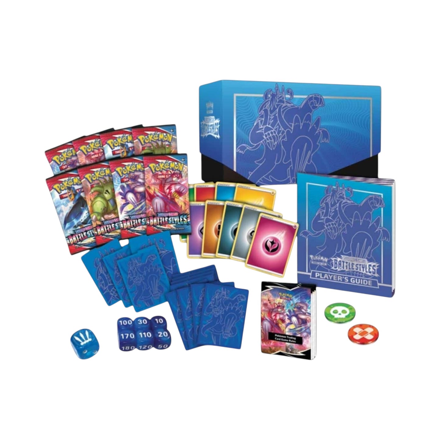 Collectors Pro Shop - Caja de Entrenador Élite de Pokémon TCG Battle Styles en inglés, con sobres, fundas, cartas de energía y accesorios de juego.