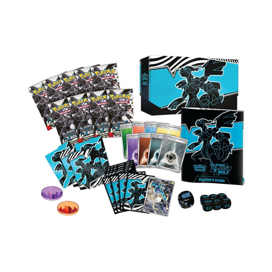 Collectors Pro Shop Caja Entrenador Élite Pokémon Black Bolt con sobres, cartas de energía, fundas y accesorios de juego.