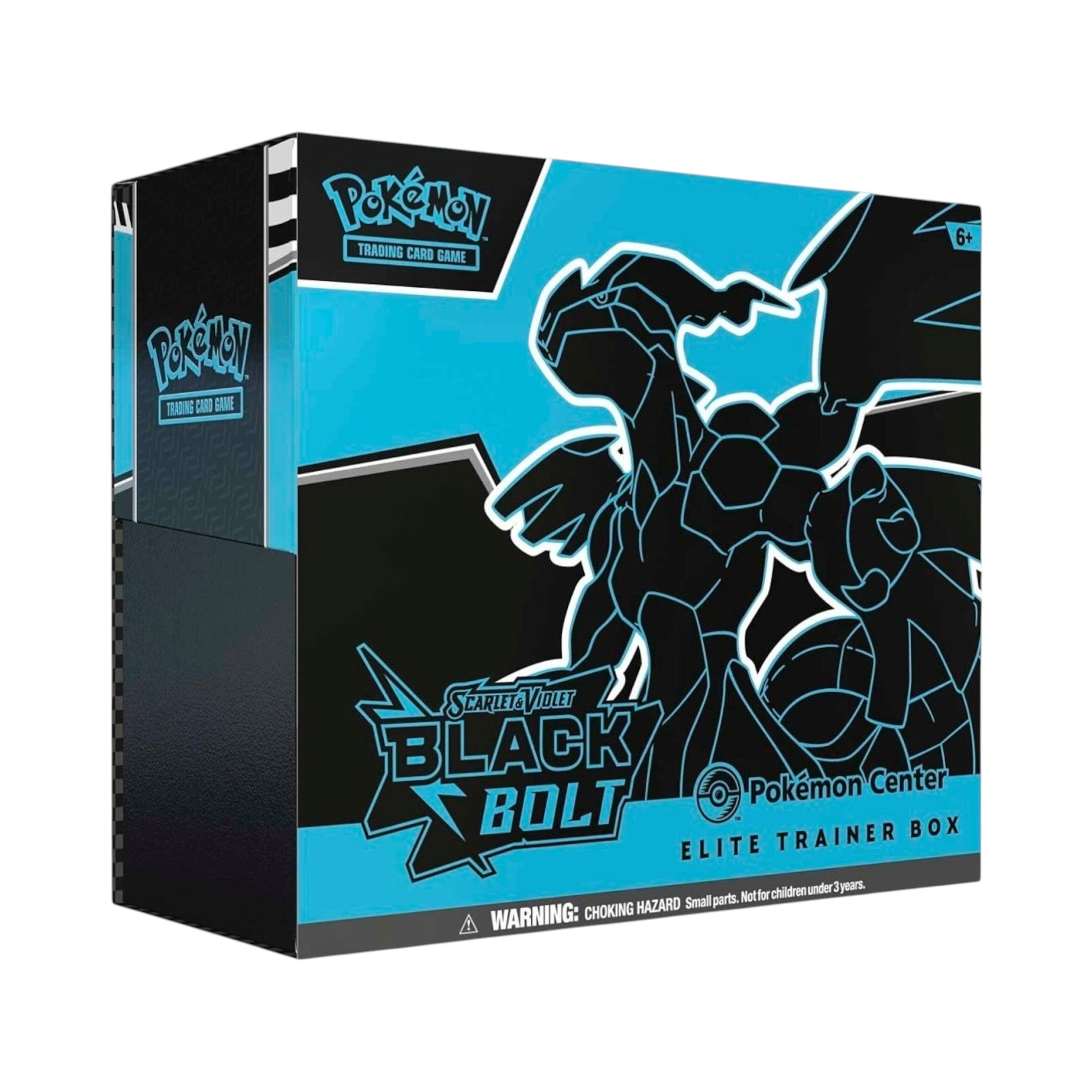 Collectors Pro Shop Caja de Entrenador Élite de Pokémon TCG Black Bolt, con arte de Zekrom en negro y azul. Edición Pokémon Center en inglés.