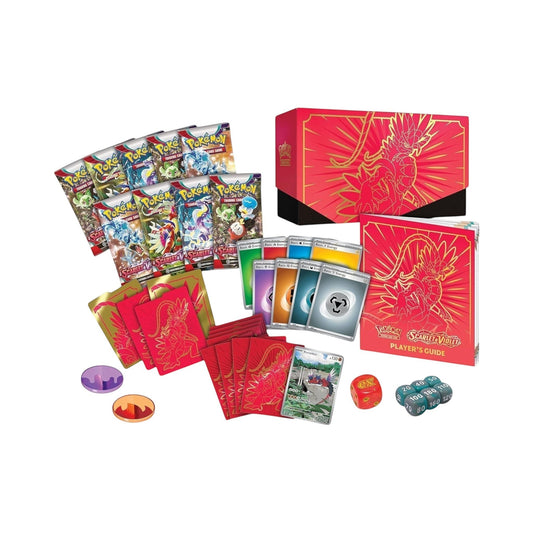 Collectors Pro Shop Caja Entrenador Élite Pokémon Escarlata y Púrpura en español, con 9 sobres, carta promo, fundas, energías y accesorios.