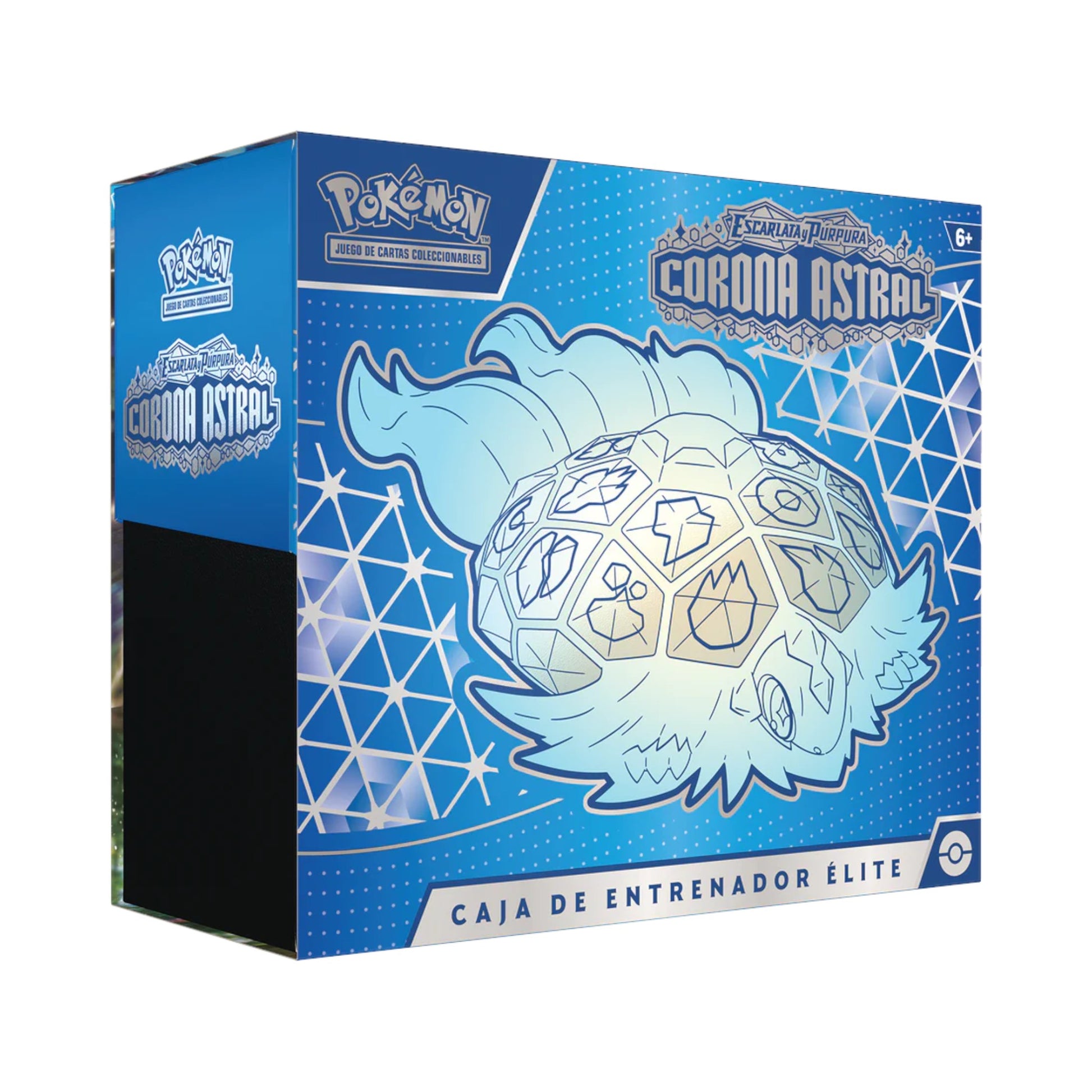 Collectors Pro Shop Caja de Entrenador Élite de Pokémon TCG Corona Astral en español, con diseño de un Pokémon azul y blanco sobre fondo azul con patrones geométricos.