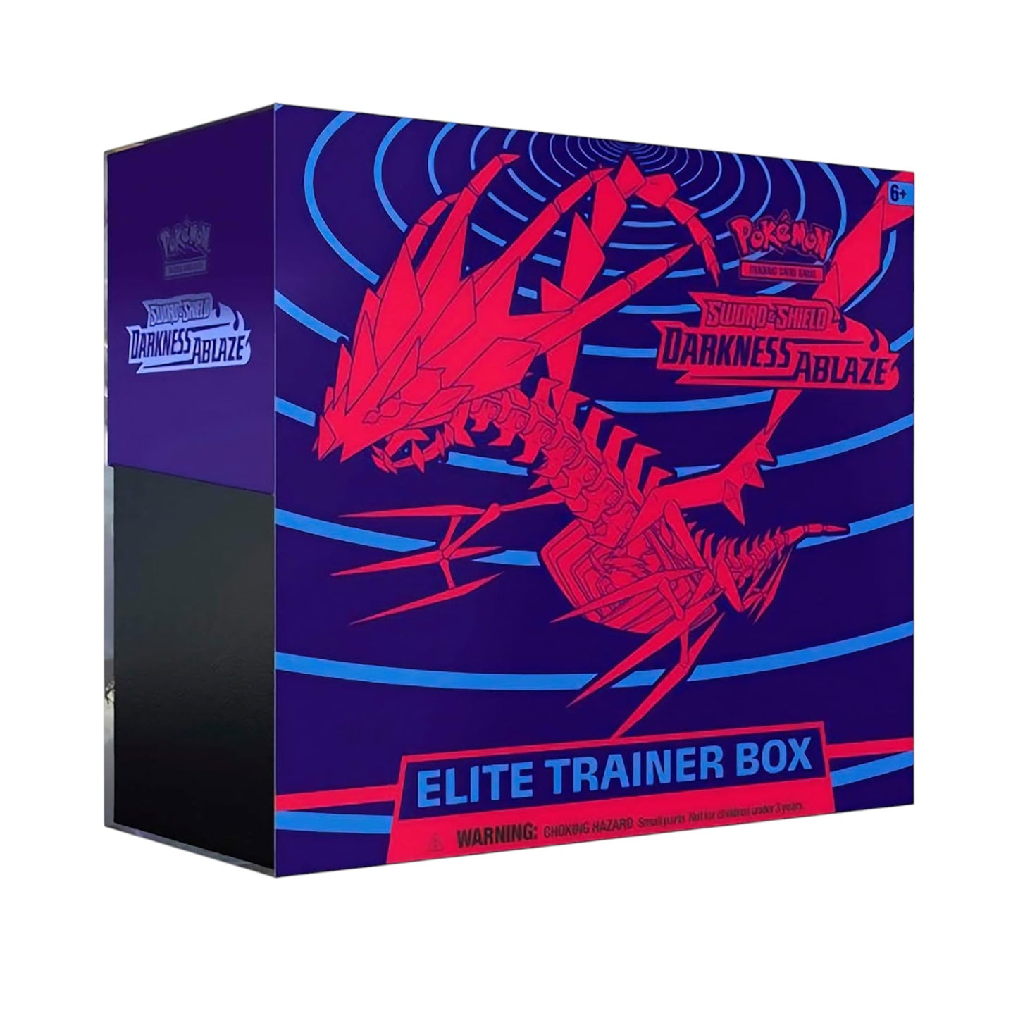 Collectors Pro Shop Caja Entrenador Élite Pokémon TCG Darkness Ablaze, con diseño de Pokémon rojo sobre fondo azul oscuro.