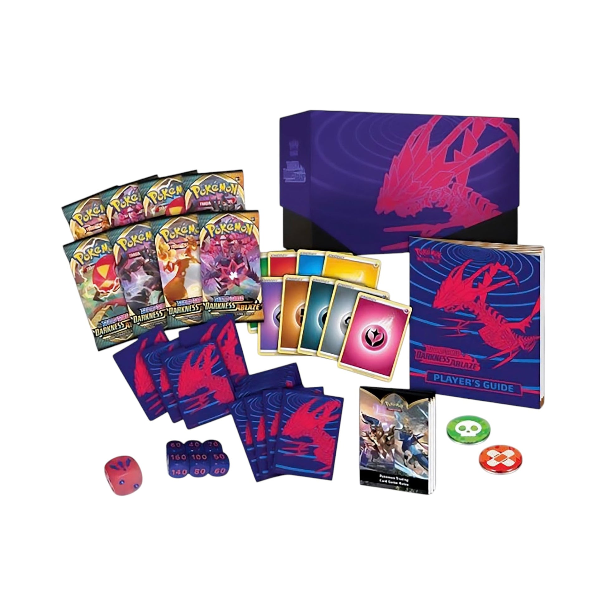 Collectors Pro Shop Caja de Entrenador Élite de Pokémon TCG Darkness Ablaze con sobres, fundas, cartas de energía y accesorios.