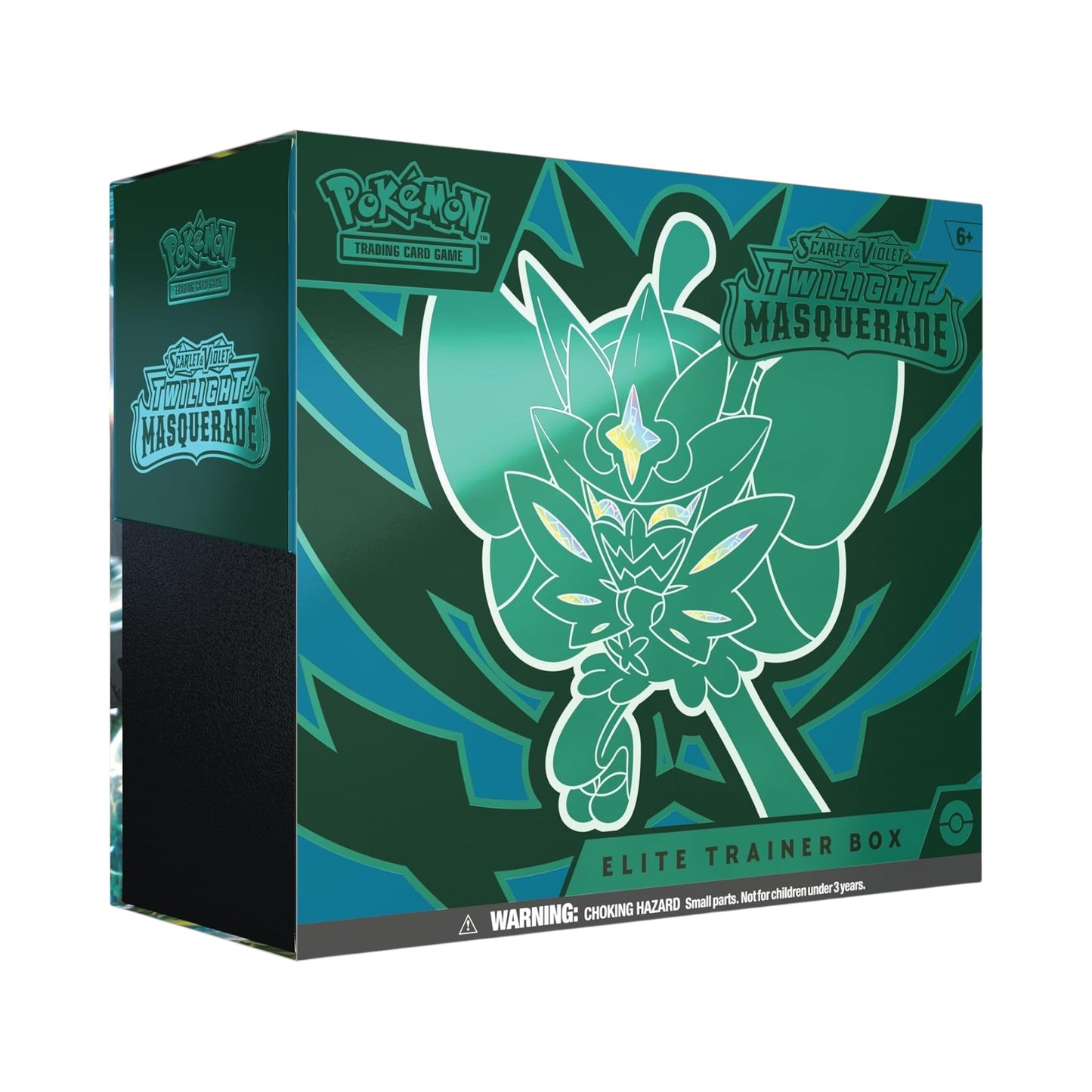 Collectors Pro Shop Caja Elite Trainer Box de Pokémon TCG, set Twilight Masquerade, en inglés. Diseño verde y azul con ilustración de personaje.
