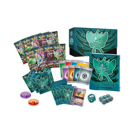 Collectors Pro Shop Caja de Entrenador Élite Pokémon TCG: Twilight Masquerade en inglés. Incluye sobres, cartas promo, fundas, energía y accesorios de juego.
