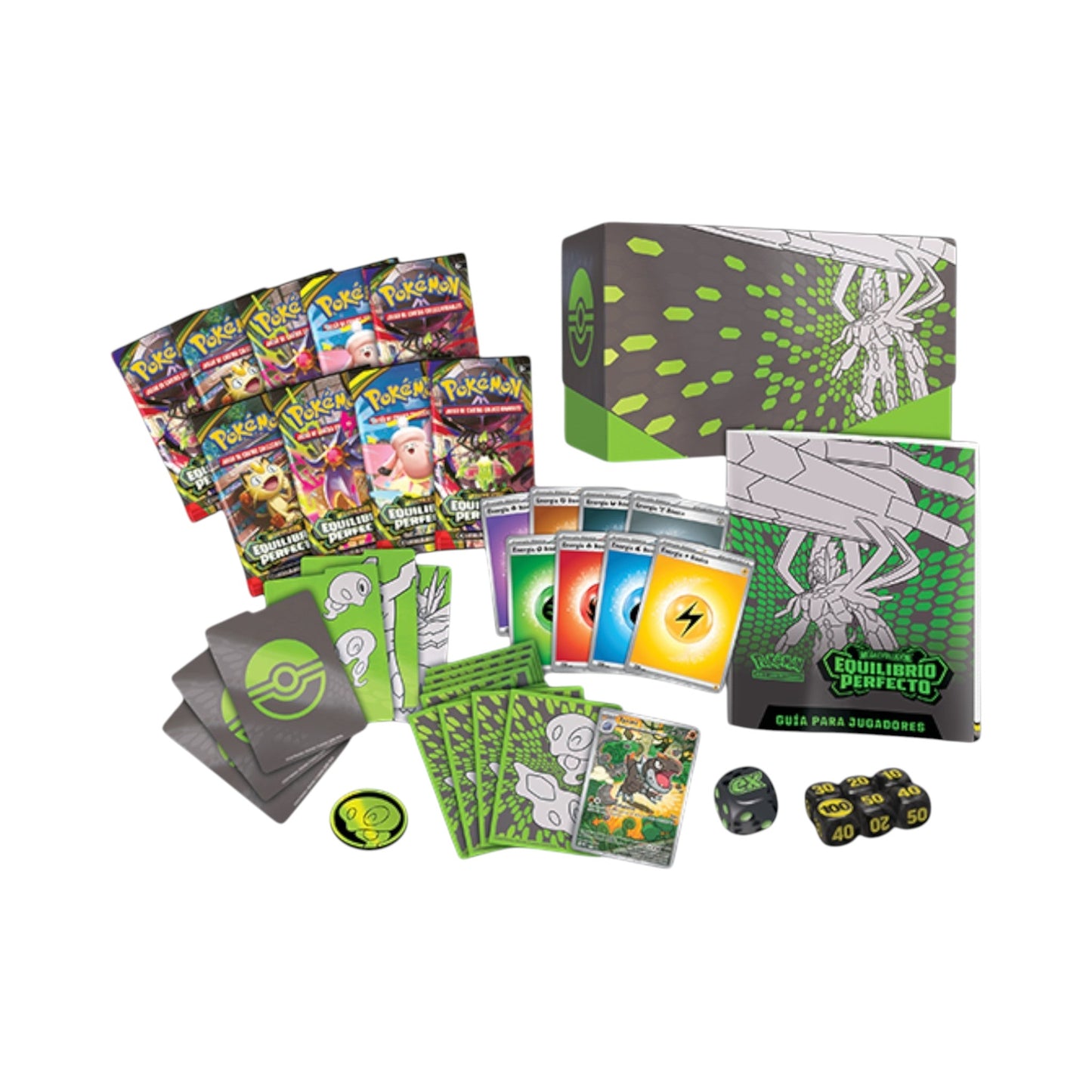 Collectors Pro Shop Caja Entrenador Élite Pokémon TCG Equilibrio Perfecto en español, con sobres, cartas de energía, fundas y accesorios de juego.