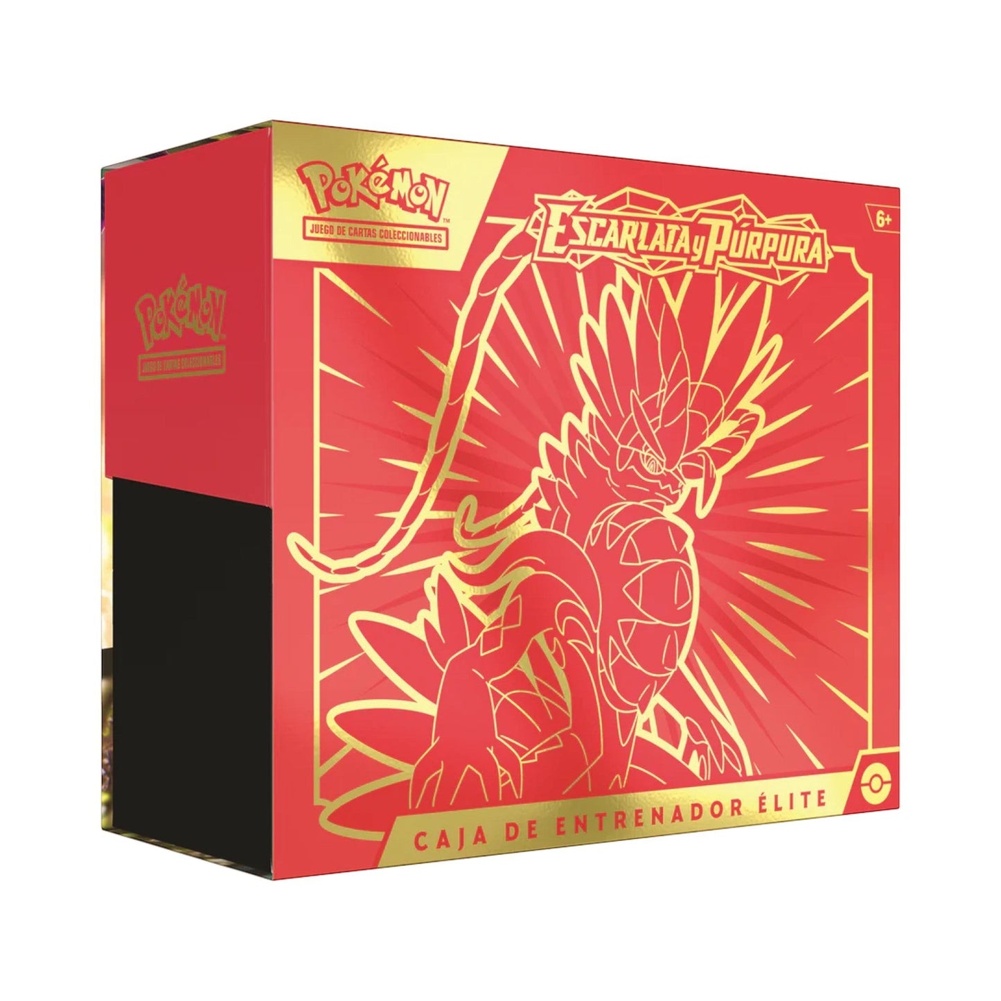 Collectors Pro Shop Caja de Entrenador Élite de Pokémon TCG Escarlata y Púrpura, caja de cartón roja con detalles dorados y arte de Pokémon.