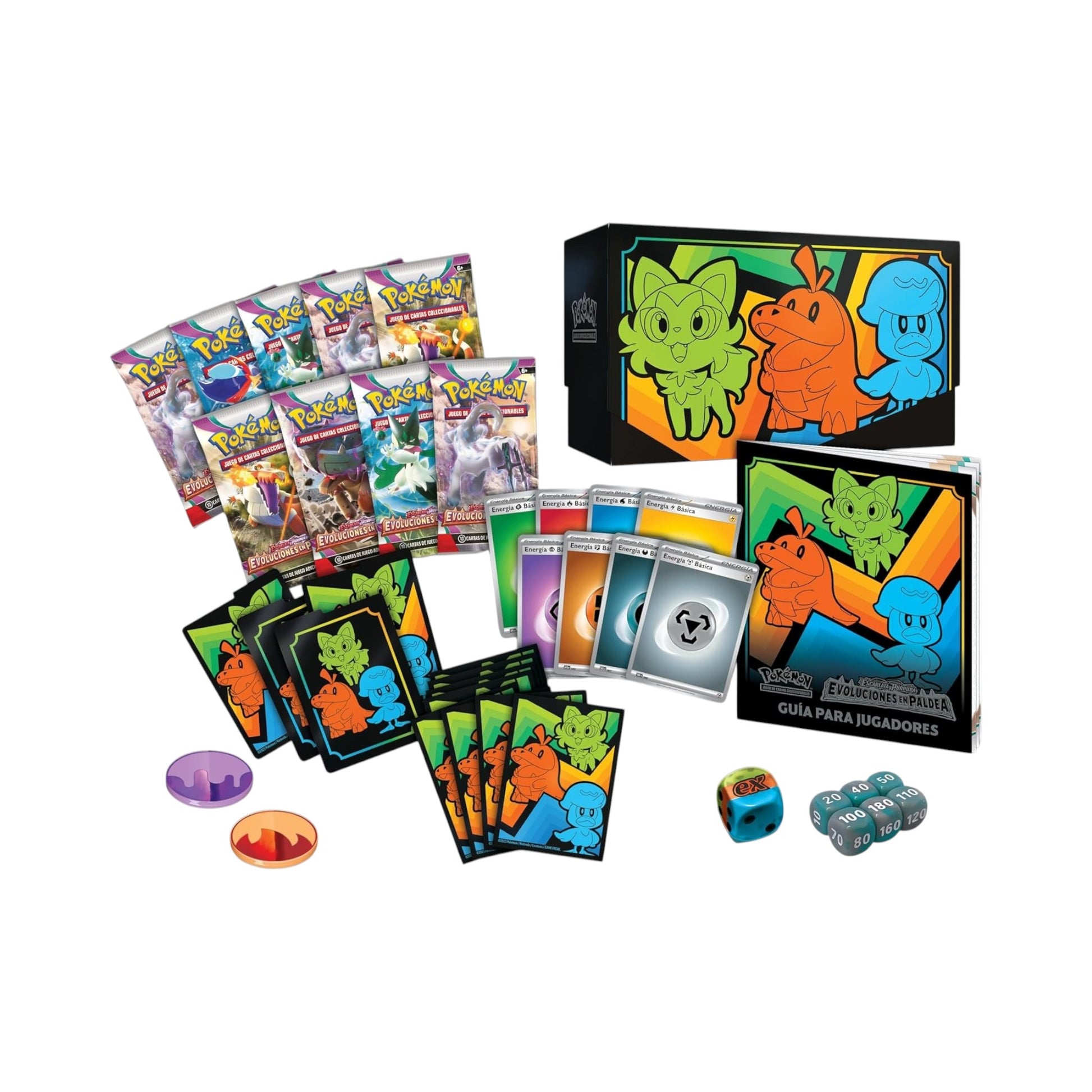 Collectors Pro Shop Caja de Entrenador Élite de Pokémon TCG Evoluciones de Paldea en español, con 9 sobres, carta promo, fundas, energías y accesorios.
