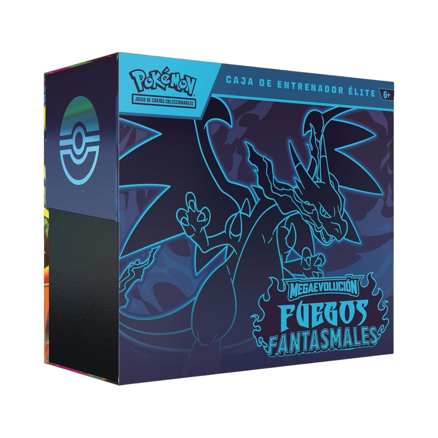 Collectors Pro Shop Caja de Entrenador Élite de Pokémon TCG, set Fuegos Fantasmales en español. Incluye 9 sobres, carta promo, fundas y accesorios.