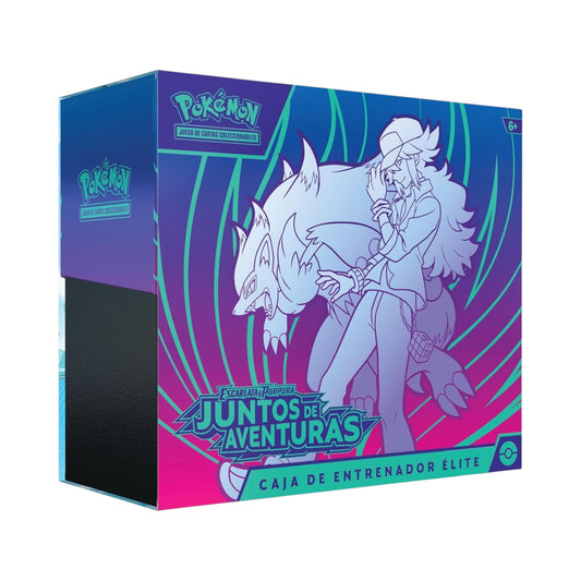 Collectors Pro Shop Caja de Entrenador Élite Juntos de Aventuras Pokémon TCG en español, con arte de personaje y Pokémon.