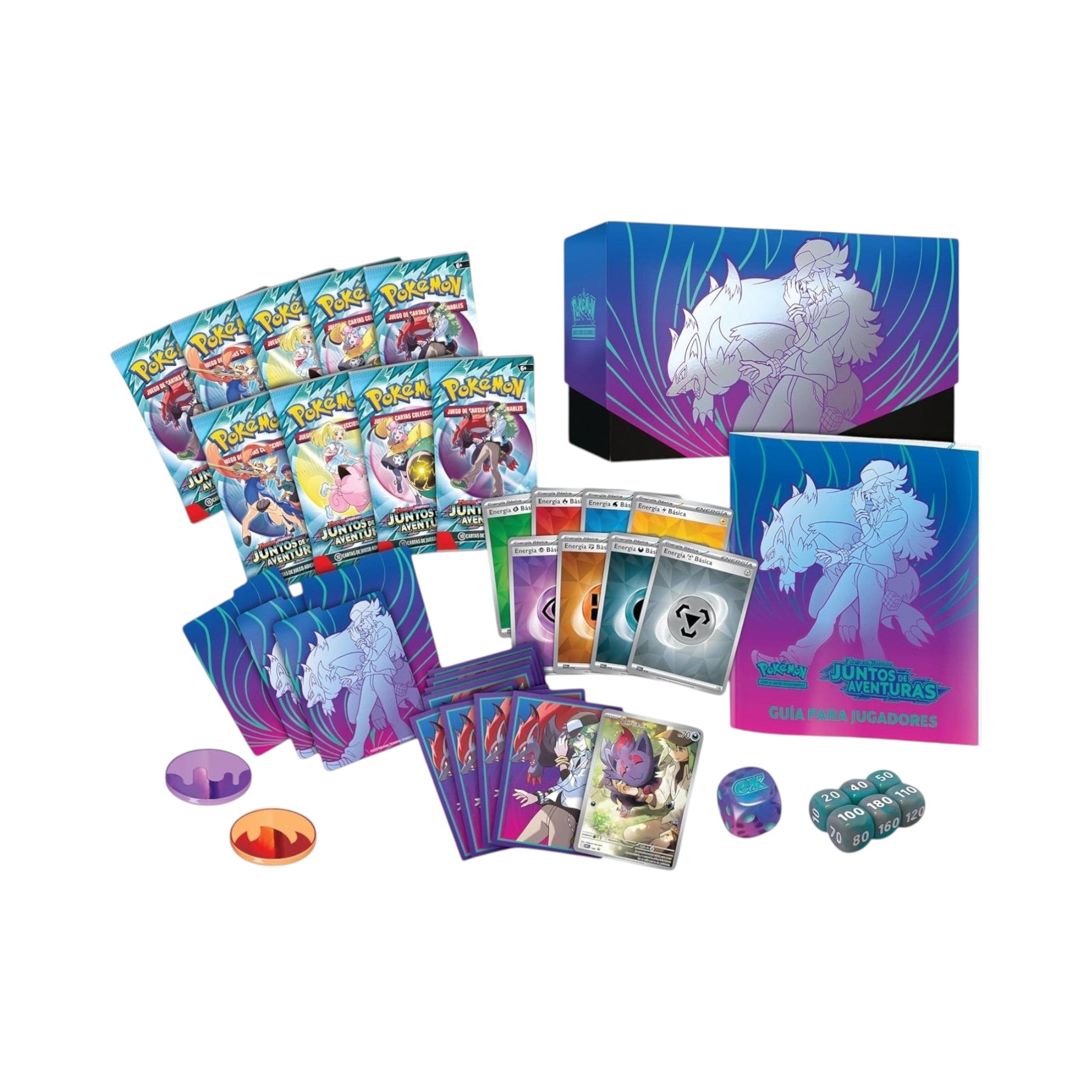 Collectors Pro Shop Caja de Entrenador Élite Juntos de Aventuras de Pokémon TCG en español, con sobres, cartas promo, fundas, energía y accesorios de juego.