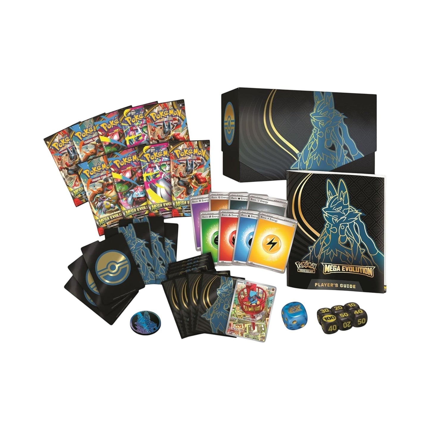 Collectors Pro Shop Caja de Entrenador Élite de Pokémon TCG Megaevolución en español, con sobres, cartas de energía, fundas y guía.