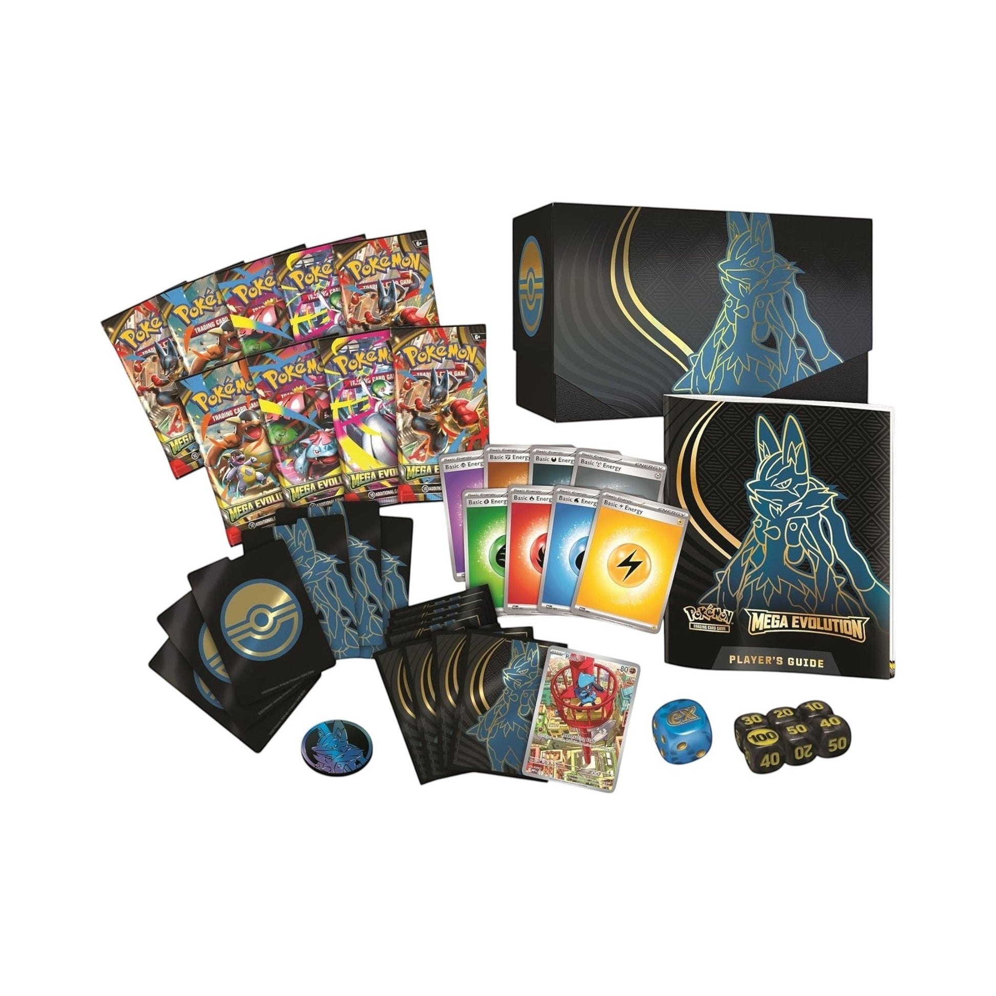Collectors Pro Shop Caja de Entrenador Élite de Pokémon TCG Megaevolución en español, con sobres, cartas de energía, fundas y guía.