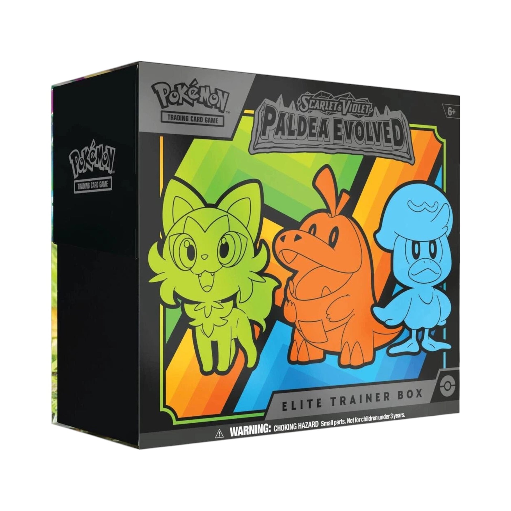Collectors Pro Shop Caja Elite Trainer Box Paldea Evolved de Pokémon TCG en inglés, con Sprigatito, Fuecoco y Quaxly.