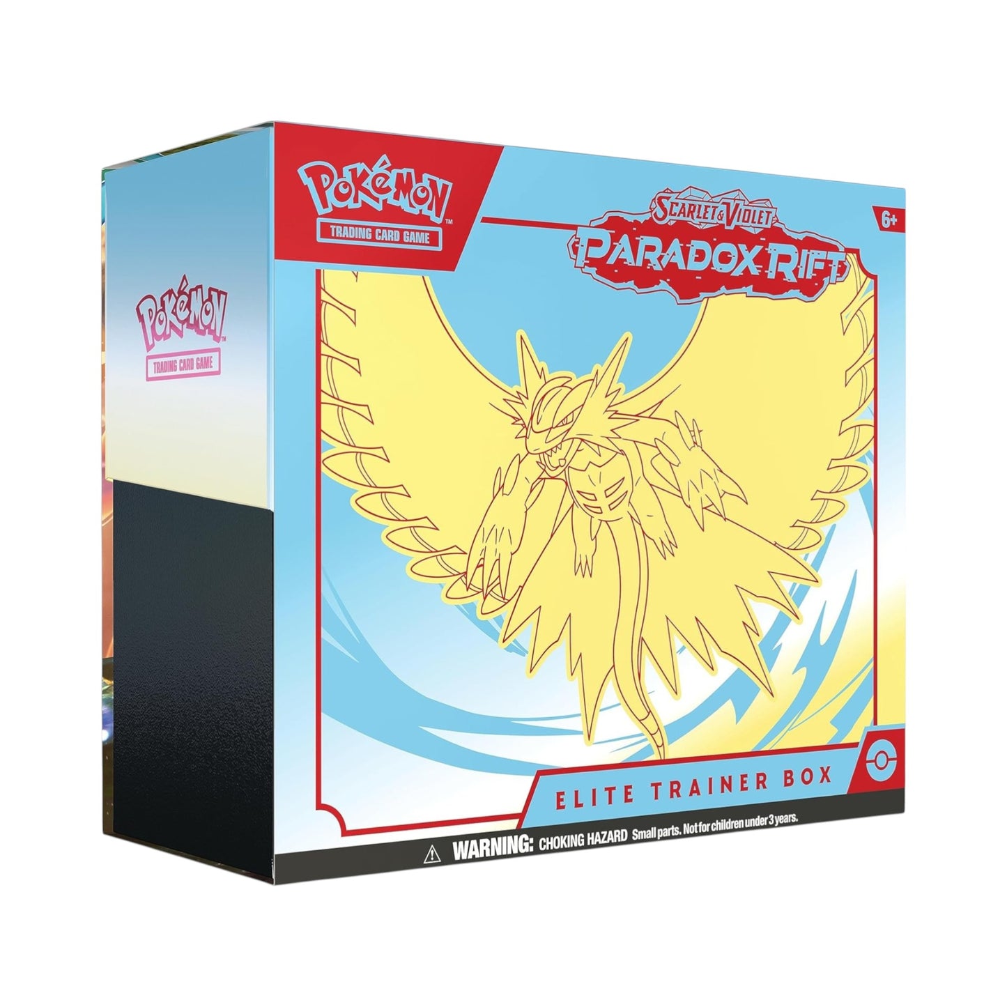 Collectors Pro Shop Caja Elite Trainer Box de Pokémon TCG, set Paradox Rift, con arte de Pokémon dorado sobre fondo azul y blanco.
