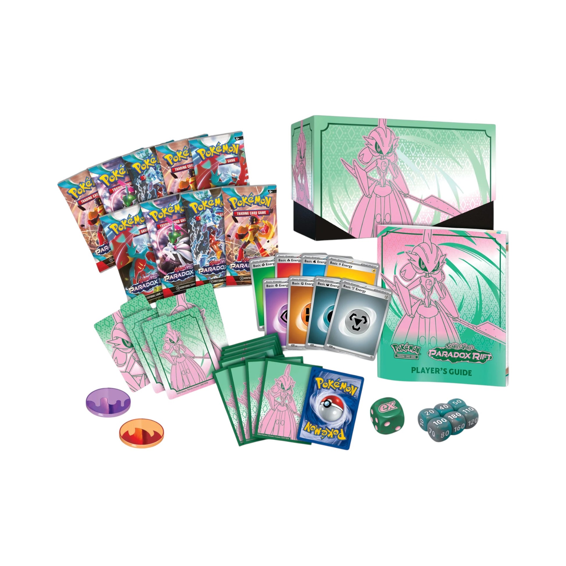 Collectors Pro Shop Caja de Entrenador Élite de Pokémon TCG Paradox Rift en inglés, con 9 sobres, carta promo, fundas, energía y accesorios de juego.