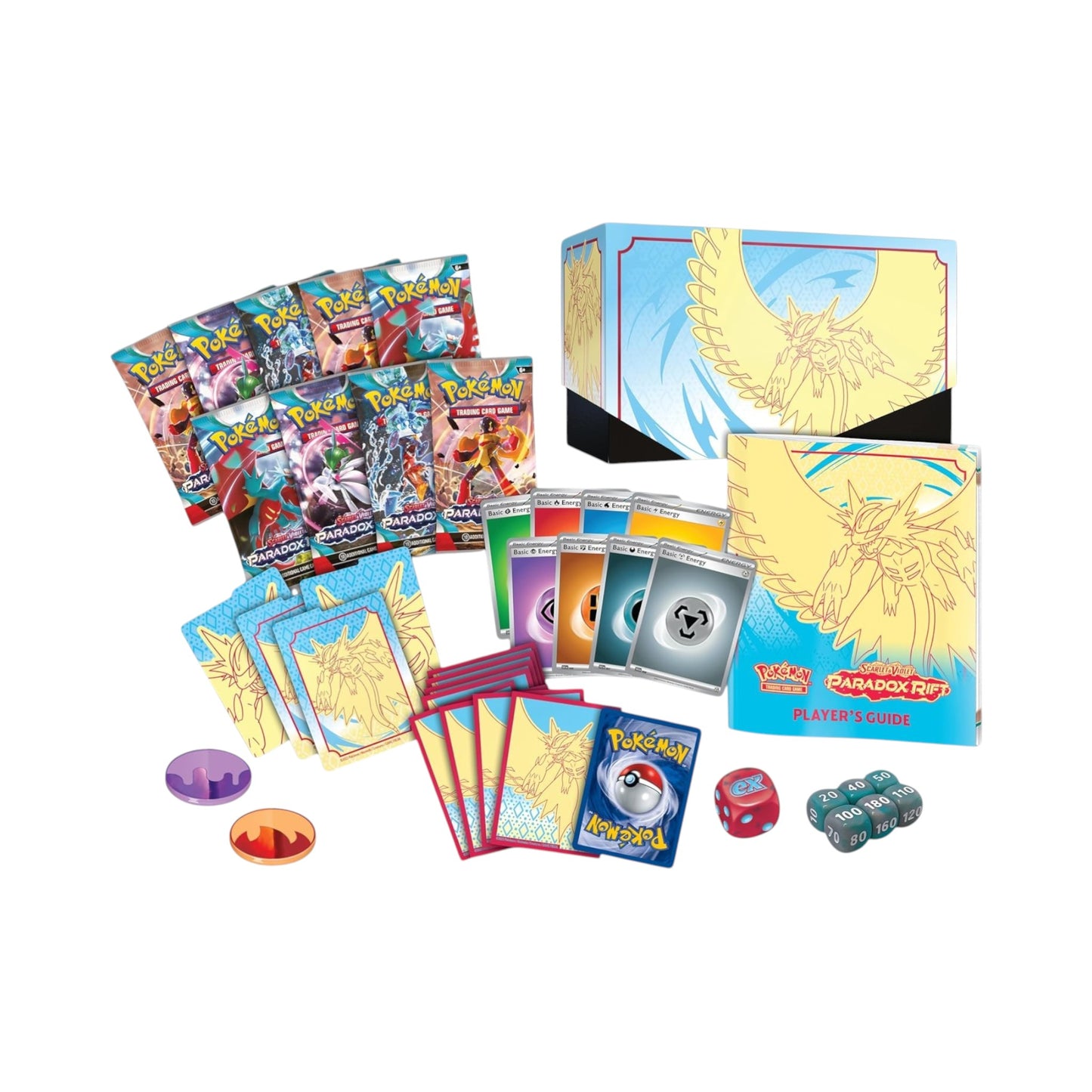 Collectors Pro Shop Caja Entrenador Élite Pokémon TCG Paradox Rift en inglés, con sobres, cartas de energía, fundas y accesorios de juego.
