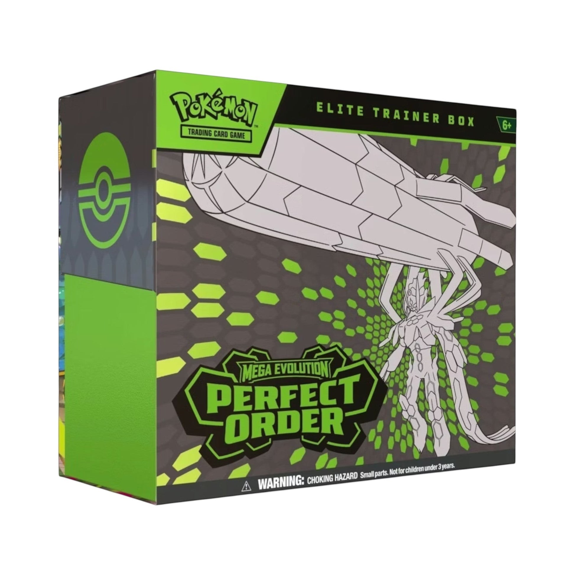 Collectors Pro Shop Caja de Entrenador Élite de Pokémon TCG: Perfect Order en inglés. Caja sellada con arte de Mega Evolución y diseño hexagonal.