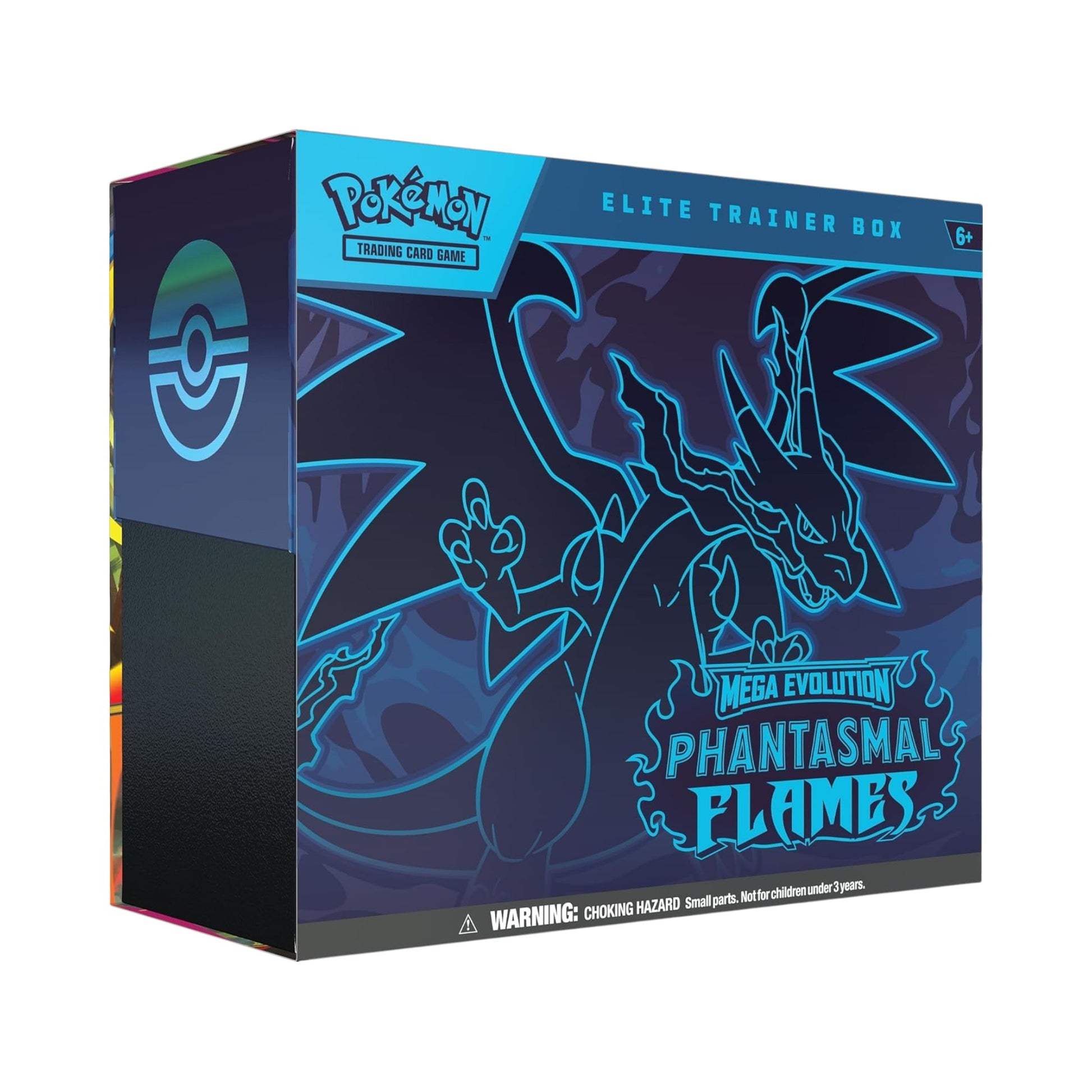 Collectors Pro Shop Caja Elite Trainer Box Phantasmal Flames de Pokémon TCG en inglés, con diseño de Charizard y temática de fuego.