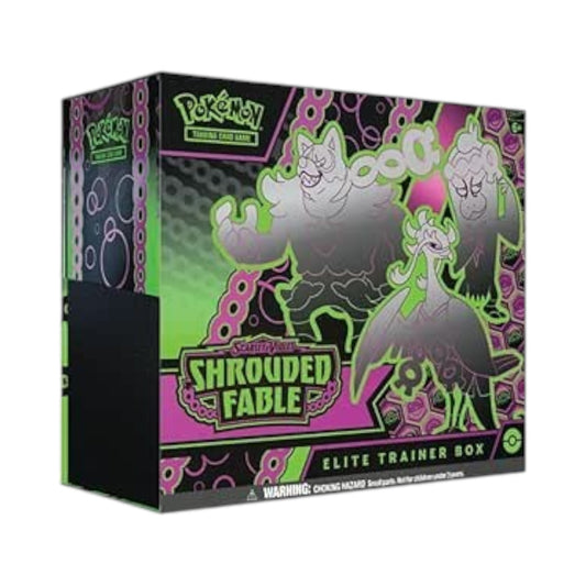 Collectors Pro Shop Caja de Entrenador Élite de Pokémon TCG Shrouded Fable en inglés, con arte de personajes fantasmales y diseño en verde neón y negro.