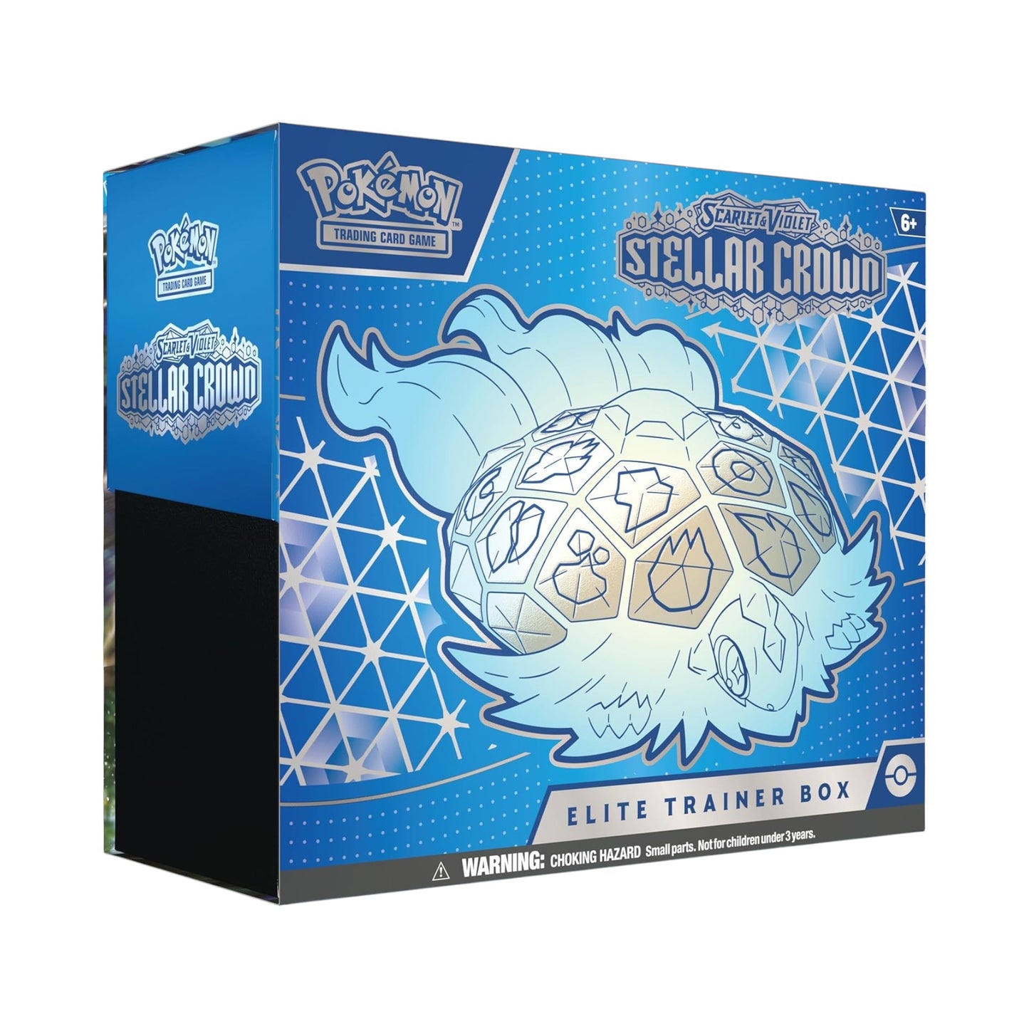 Collectors Pro Shop Caja Elite Trainer Box de Pokémon TCG, set Stellar Crown, Scarlet & Violet. Diseño azul con ilustración de Pokémon.