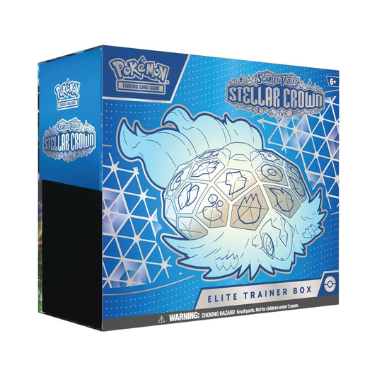 Collectors Pro Shop Caja Elite Trainer Box de Pokémon TCG, set Stellar Crown, Scarlet & Violet. Diseño azul con ilustración de Pokémon.